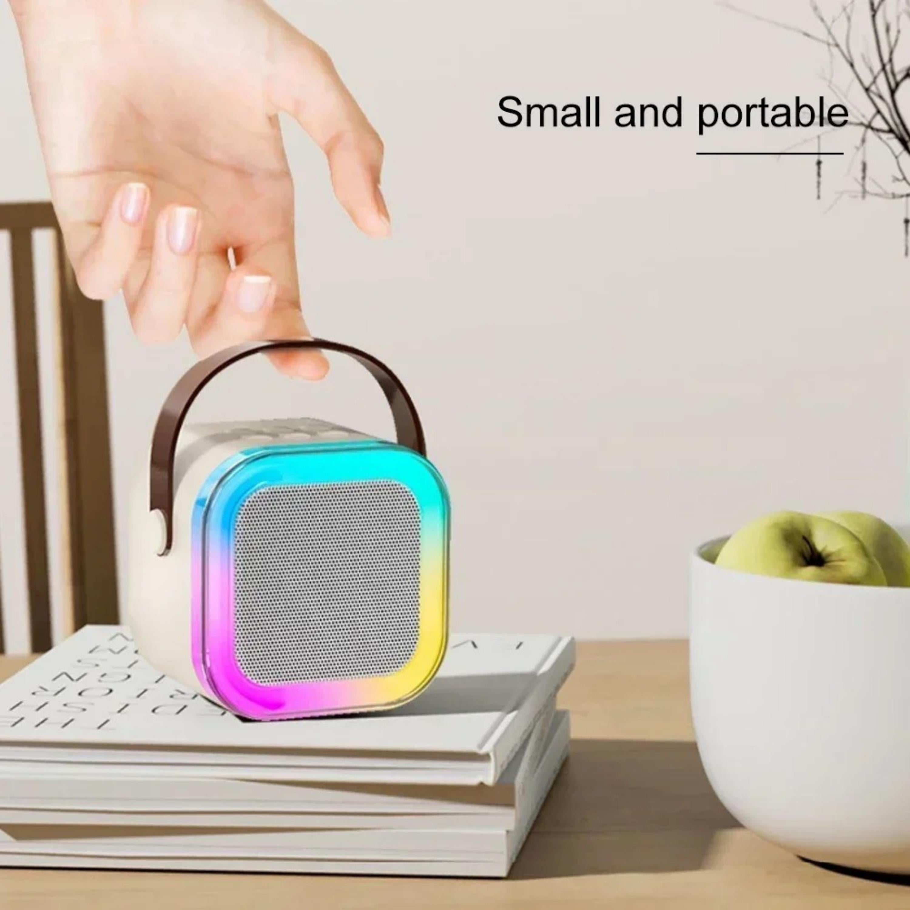 Bej K12 Renkli Işıklı Karaoke Hoparlör Tek Mikrofonlu Taşınabilir Bluetooth Müzik Kutusu Led Efektli Kablosuz Şarjlı Speaker 
