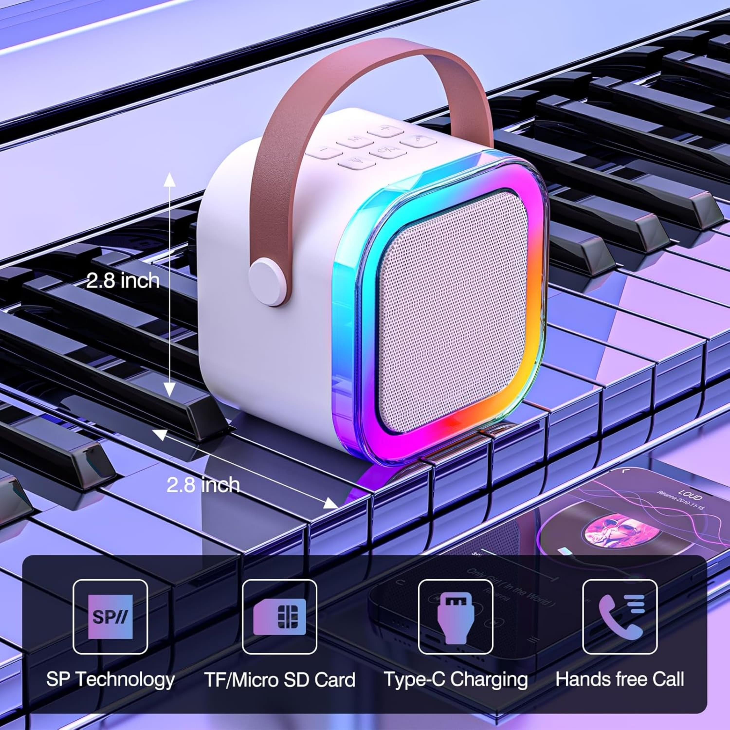 Bej K12 Renkli Işıklı Karaoke Hoparlör Tek Mikrofonlu Taşınabilir Bluetooth Müzik Kutusu Led Efektli Kablosuz Şarjlı Speaker 