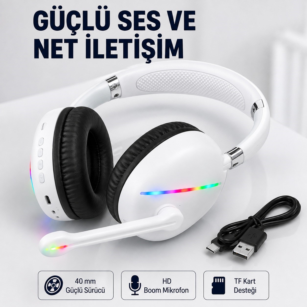 Beyaz Max17 RGB Aydınlatmalı Bluetooth 5.0 Kablosuz Kulak Üstü Oyuncu Kulaklığı Mikrofonlu 40 mm Güçlü Ses TF Kart Destekli Type C Şarjlı Gaming Headset