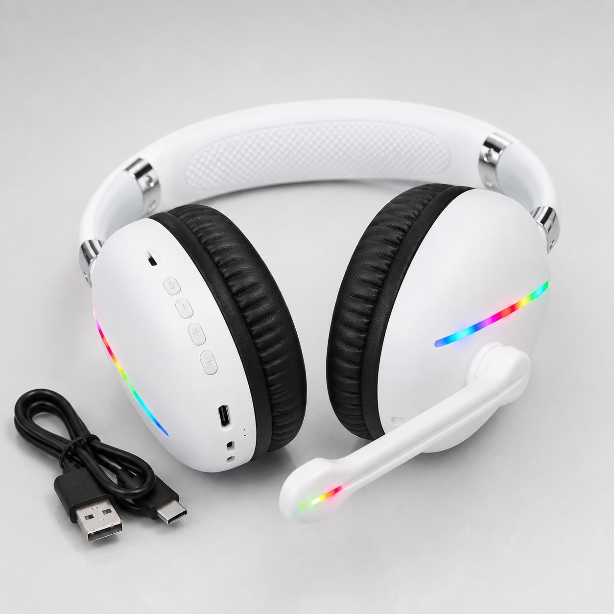 Beyaz Max17 RGB Aydınlatmalı Bluetooth 5.0 Kablosuz Kulak Üstü Oyuncu Kulaklığı Mikrofonlu 40 mm Güçlü Ses TF Kart Destekli Type C Şarjlı Gaming Headset