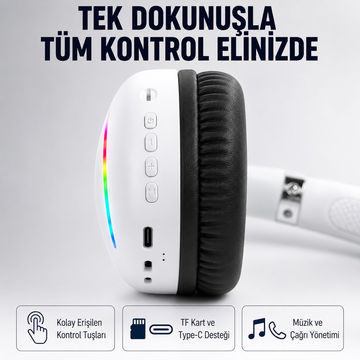 Beyaz Max17 RGB Aydınlatmalı Bluetooth 5.0 Kablosuz Kulak Üstü Oyuncu Kulaklığı Mikrofonlu 40 mm Güçlü Ses TF Kart Destekli Type C Şarjlı Gaming Headset