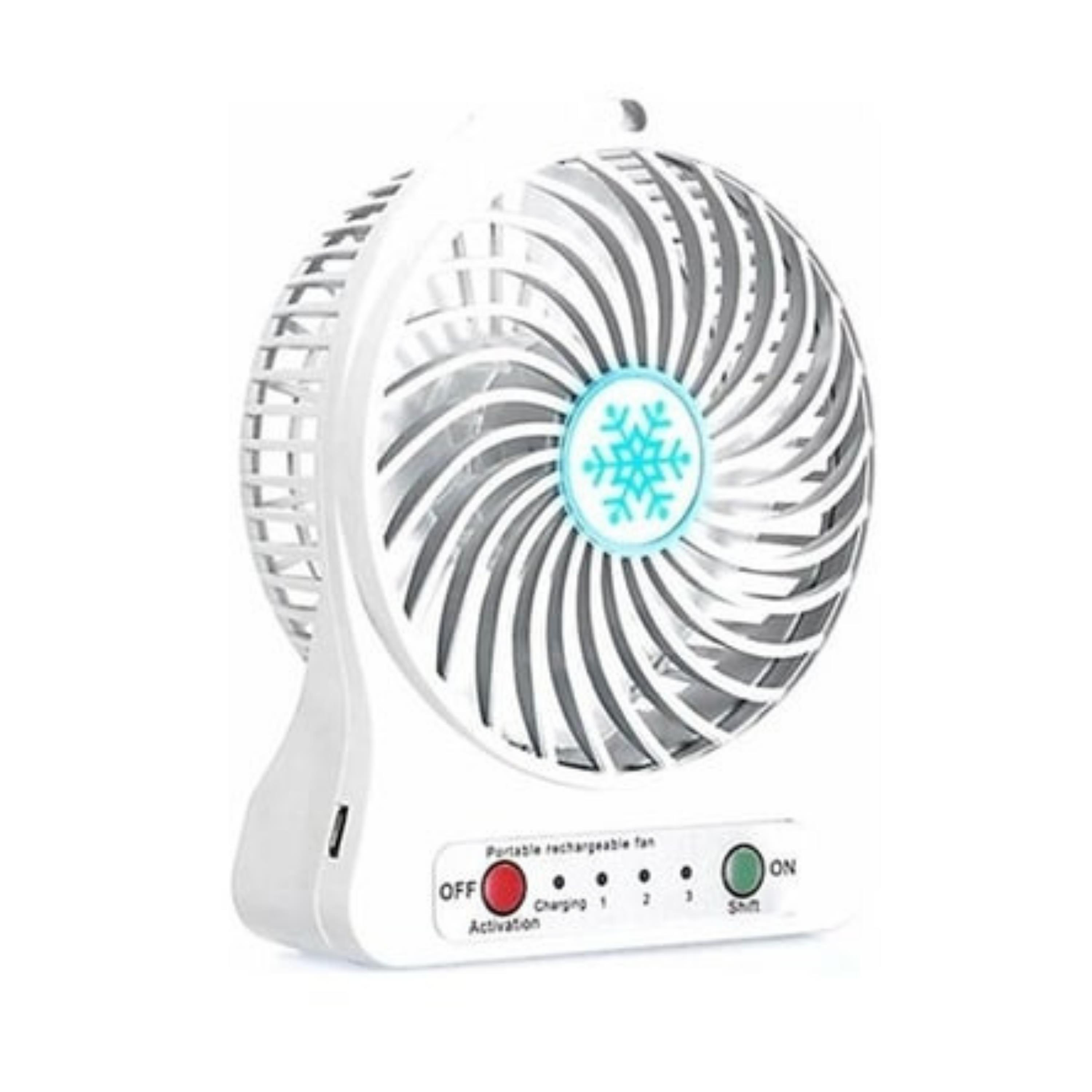 Beyaz USB Şarjlı Taşınabilir Mini Masaüstü Fan 3 Kademeli 4 Kanatlı Fenerli Vantilatör