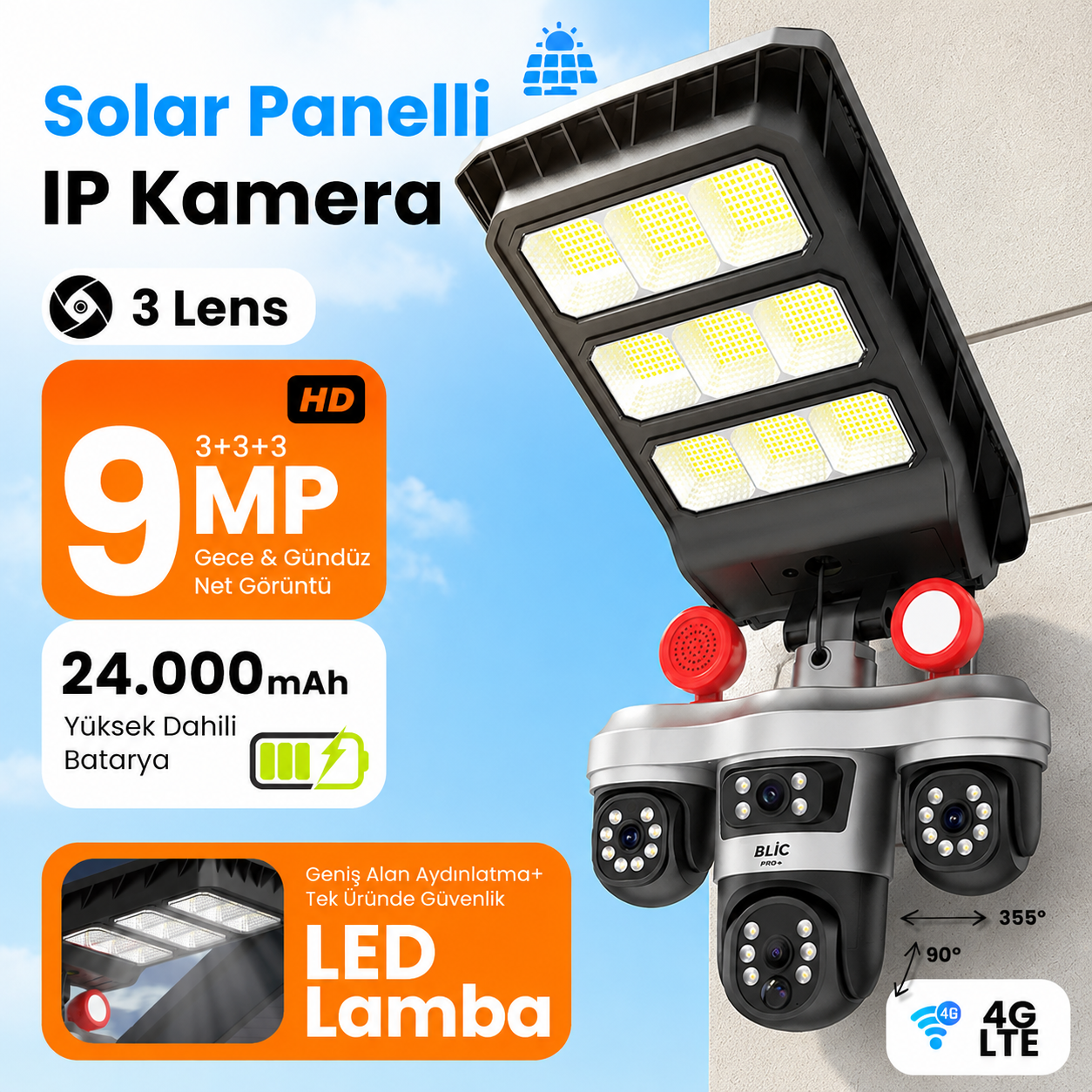 Blic PRO+ BLM-102 4G LTE 13W Solar 3 Lens 9MP Güneş Enerjili Dış Mekan IP Güvenlik Kamerası SIM Kart Destekli