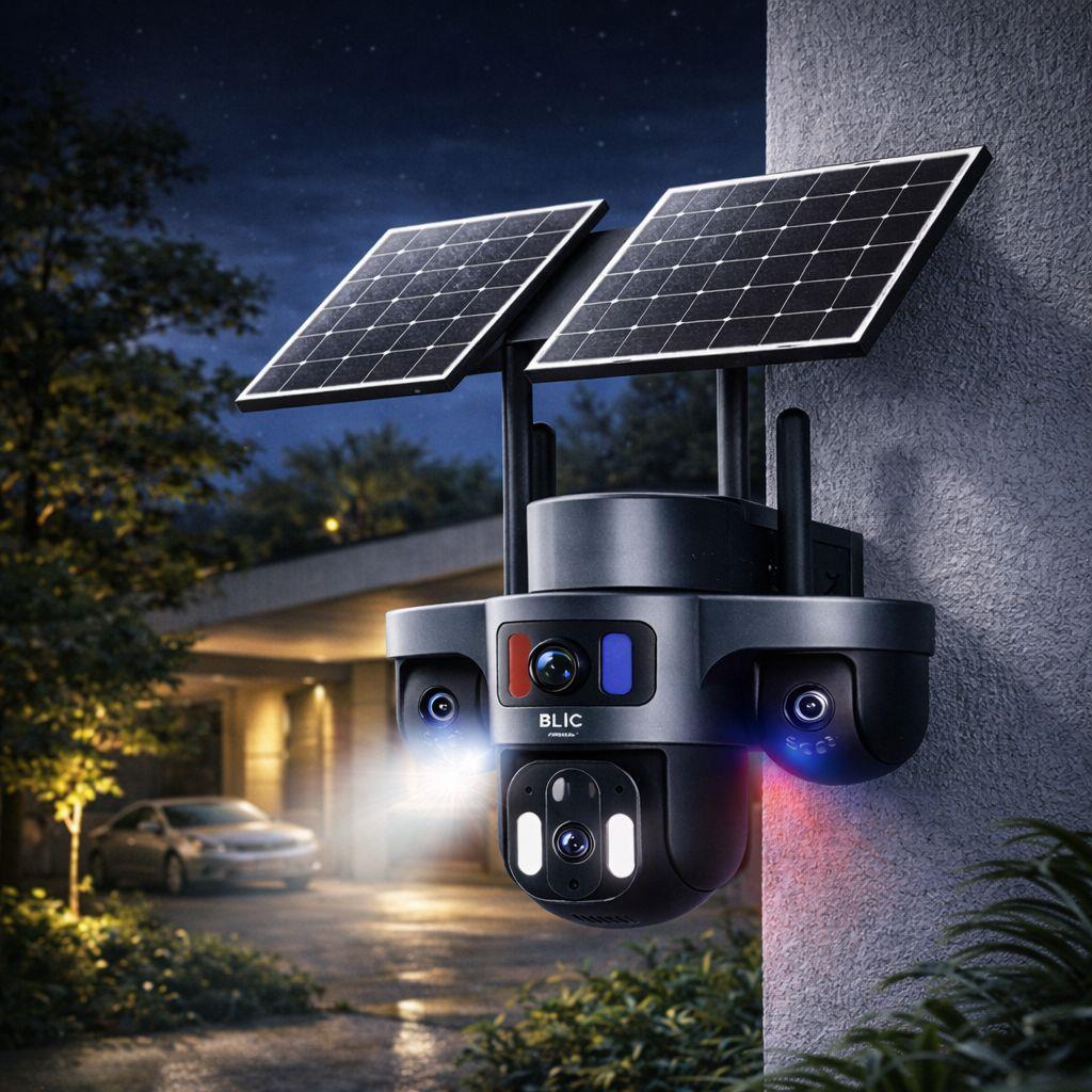 BLM95 4G Çift Solar Panel 9MP IP Kamera 3 Lensli Kablosuz Güvenlik Kamerası 12000mah Bataryalı IP66 Gece Görüşlü Hareket Takipli Sesli Görüşme TF Kart Destekli
