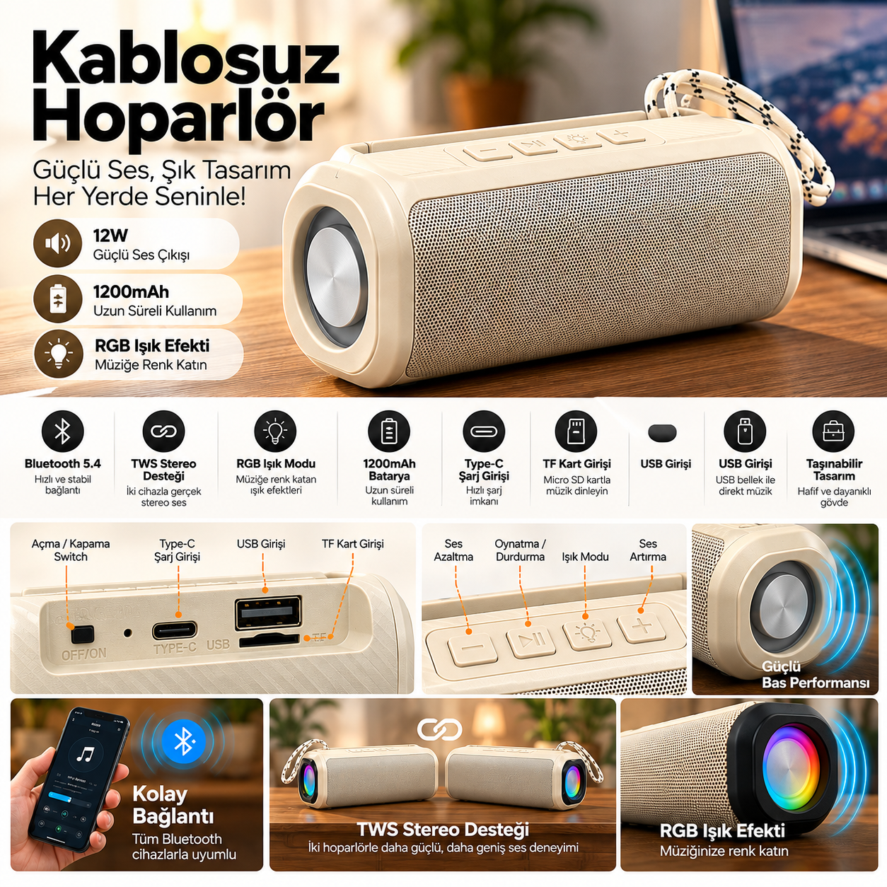 BLS-72 12W Bluetooth 5.4 Kablosuz Hoparlör RGB Işıklı TWS Stereo Destekli 1200 mAh Bataryalı USB TF Kart Girişli Type-C Şarjlı Telefon Standlı Taşınabilir Ses Sistemi