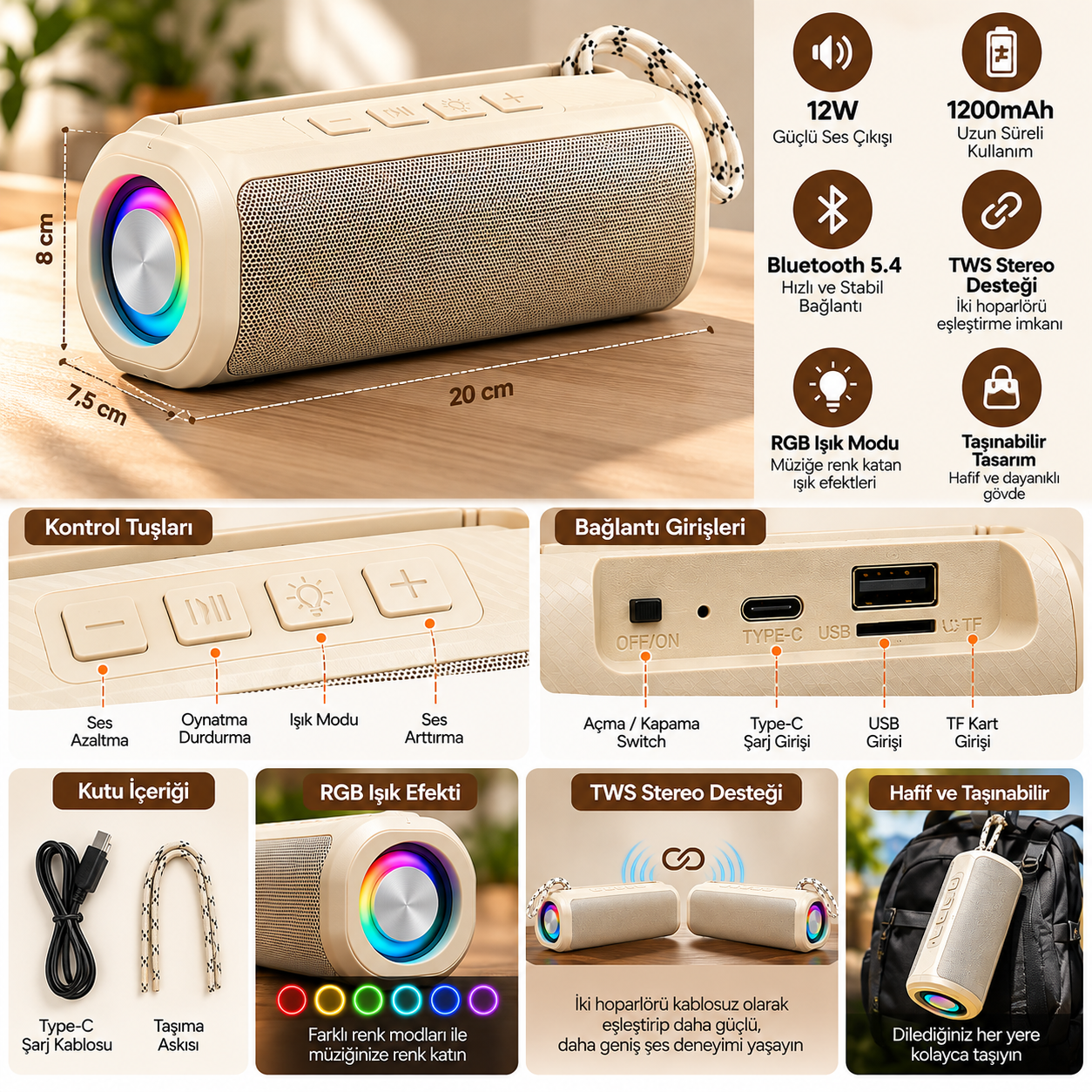 BLS-72 12W Bluetooth 5.4 Kablosuz Hoparlör RGB Işıklı TWS Stereo Destekli 1200 mAh Bataryalı USB TF Kart Girişli Type-C Şarjlı Telefon Standlı Taşınabilir Ses Sistemi