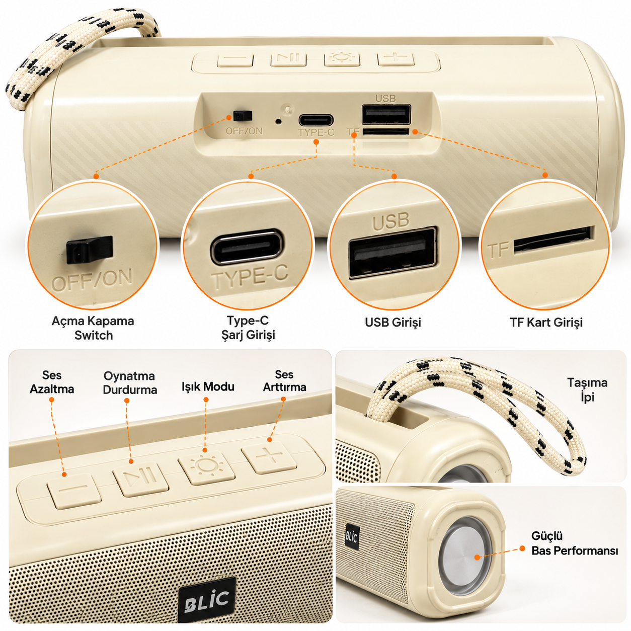 BLS-72 12W Bluetooth 5.4 Kablosuz Hoparlör RGB Işıklı TWS Stereo Destekli 1200 mAh Bataryalı USB TF Kart Girişli Type-C Şarjlı Telefon Standlı Taşınabilir Ses Sistemi