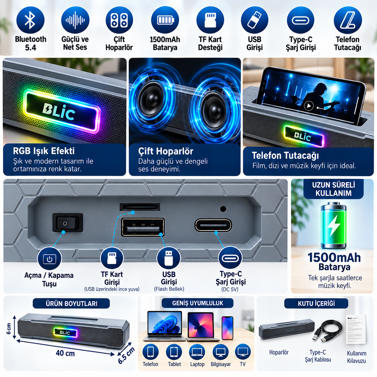 BLS-85 Kablosuz Bluetooth Hoparlör 6W Çift Hoparlörlü Telefon Tutuculu RGB Işıklı 1500 mAh Şarjlı USB Hafıza Kartı Destekli Masaüstü Ses Sistemi