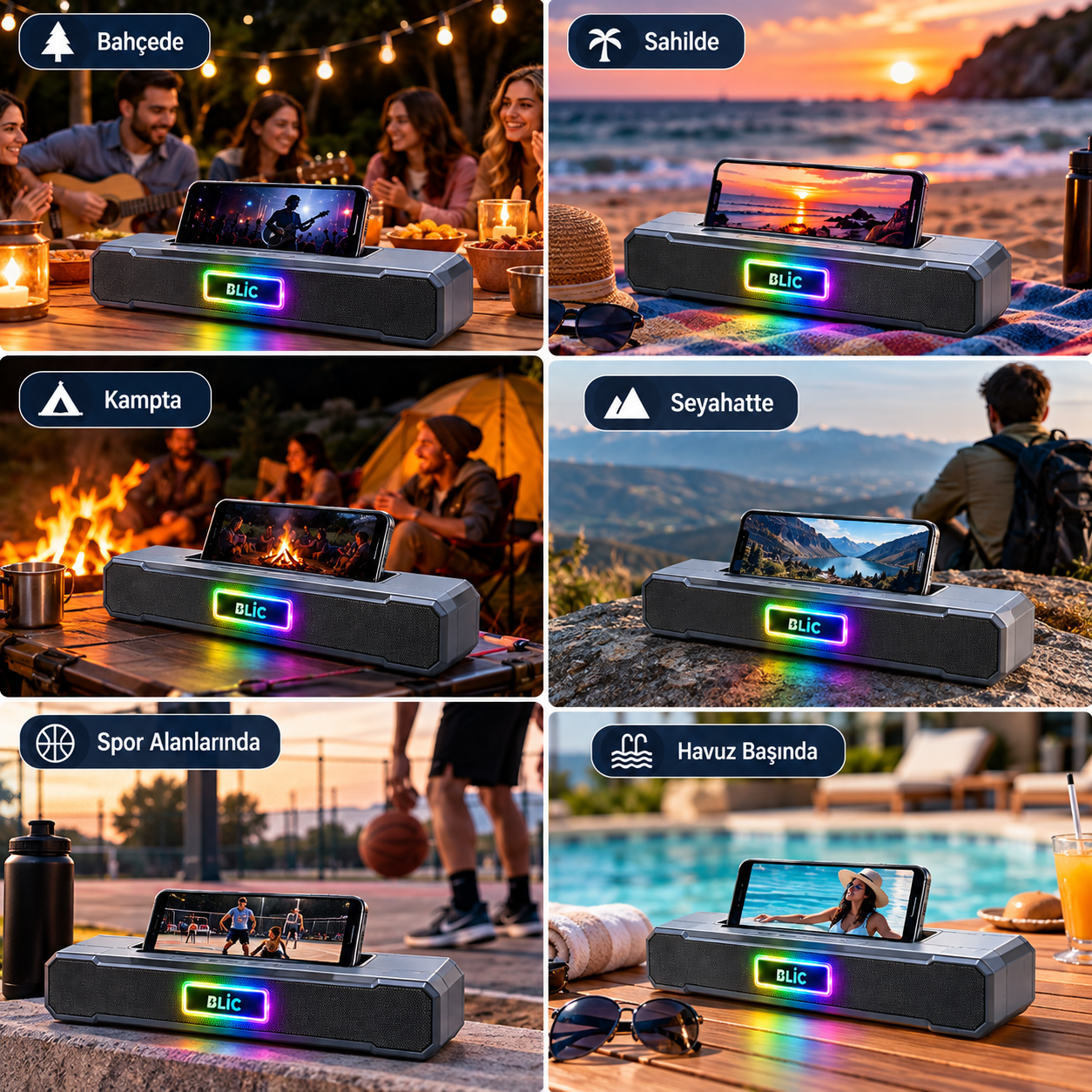 BLS-85 Kablosuz Bluetooth Hoparlör 6W Çift Hoparlörlü Telefon Tutuculu RGB Işıklı 1500 mAh Şarjlı USB Hafıza Kartı Destekli Masaüstü Ses Sistemi