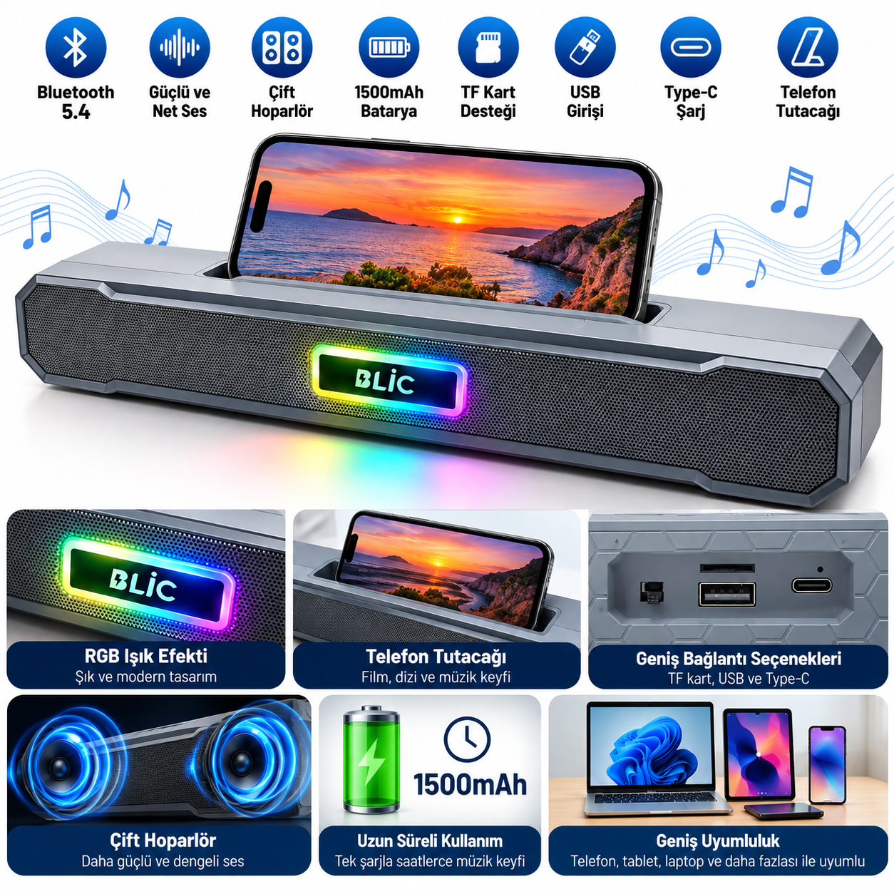 BLS-85 Kablosuz Bluetooth Hoparlör 6W Çift Hoparlörlü Telefon Tutuculu RGB Işıklı 1500 mAh Şarjlı USB Hafıza Kartı Destekli Masaüstü Ses Sistemi