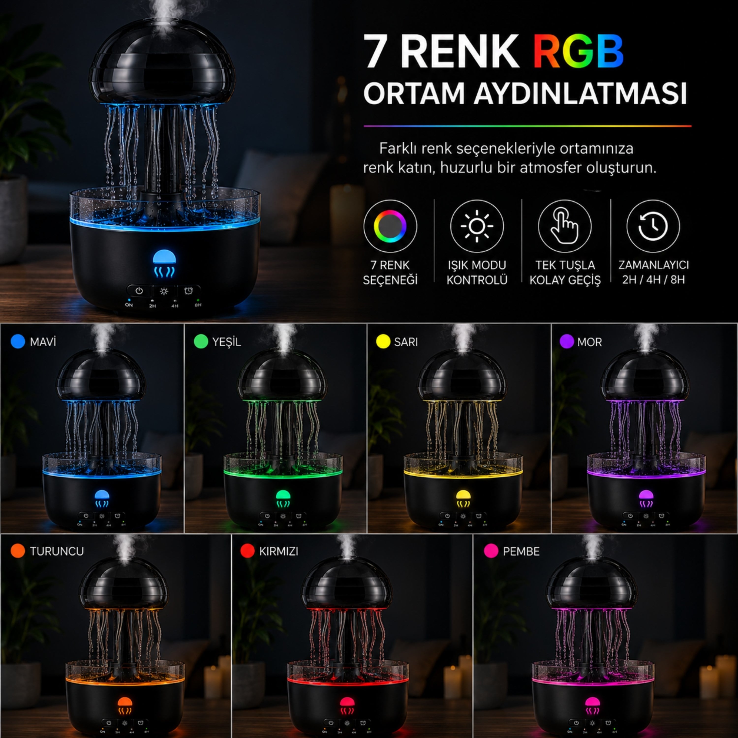 BWRV73 Dinamik Denizanası Efektli Nemlendirici  Aromaterapi Difüzörü LED Işıklı Uzaktan Kumandalı Hava Nemlendirici 320 ml Hareketli Ayaklı Zaman Ayarlı 