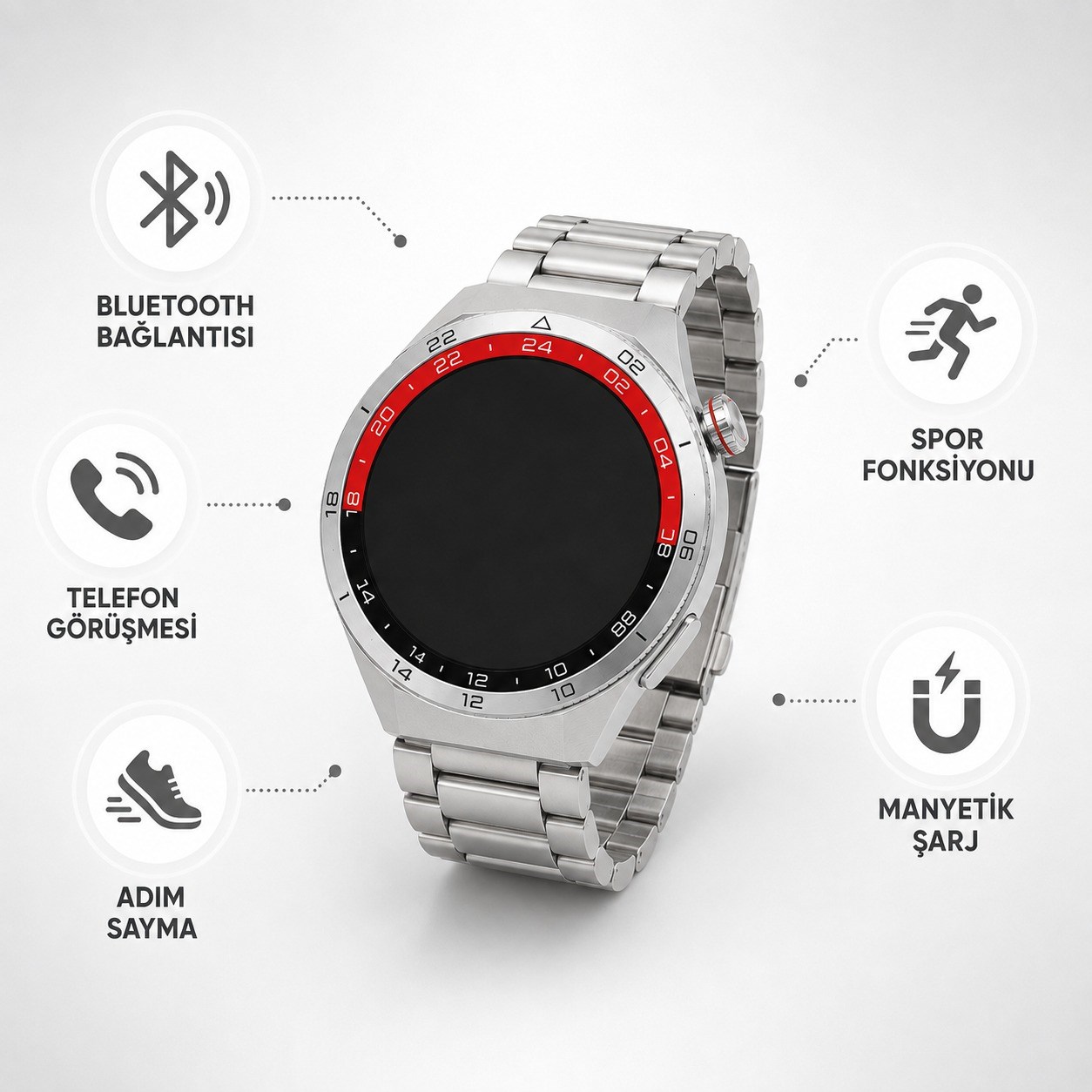 C15 PRO Akıllı Saat Bluetooth Arama ve Konuşma Özellikli Nabız Takibi Adım Sayar Spor Modlu Metal ve Silikon Kordonlu