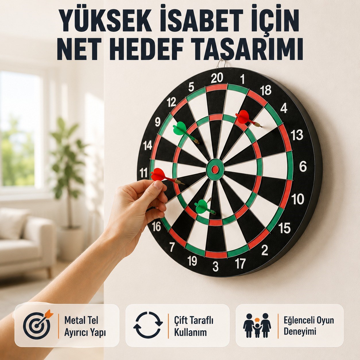 Çift Taraflı Ahşap Dart Tahtası Seti 6 Adet Metal Uçlu Dart Oku ile Profesyonel Hedef Oyunu Eğlence Seti