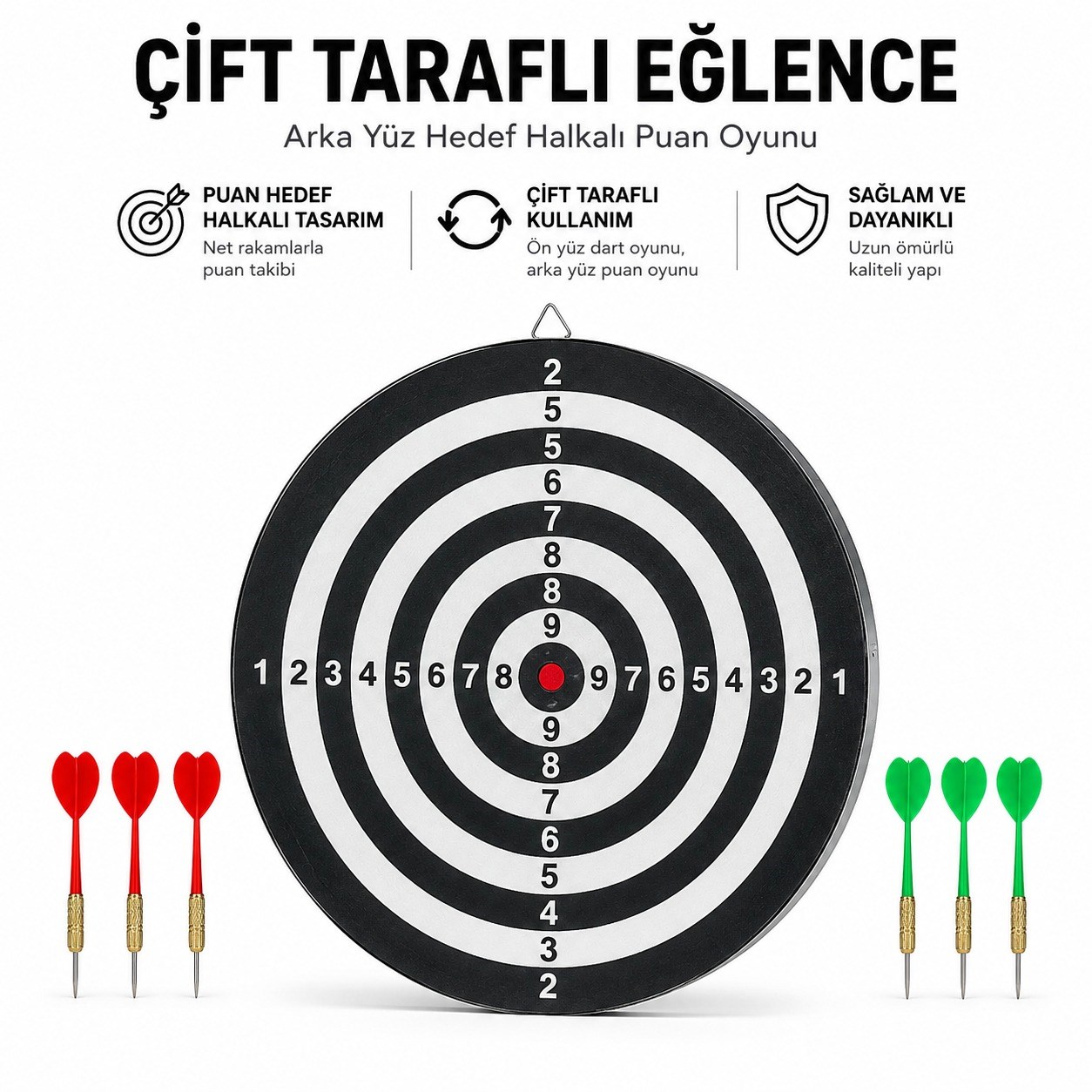 Çift Taraflı Ahşap Dart Tahtası Seti 6 Adet Metal Uçlu Dart Oku ile Profesyonel Hedef Oyunu Eğlence Seti