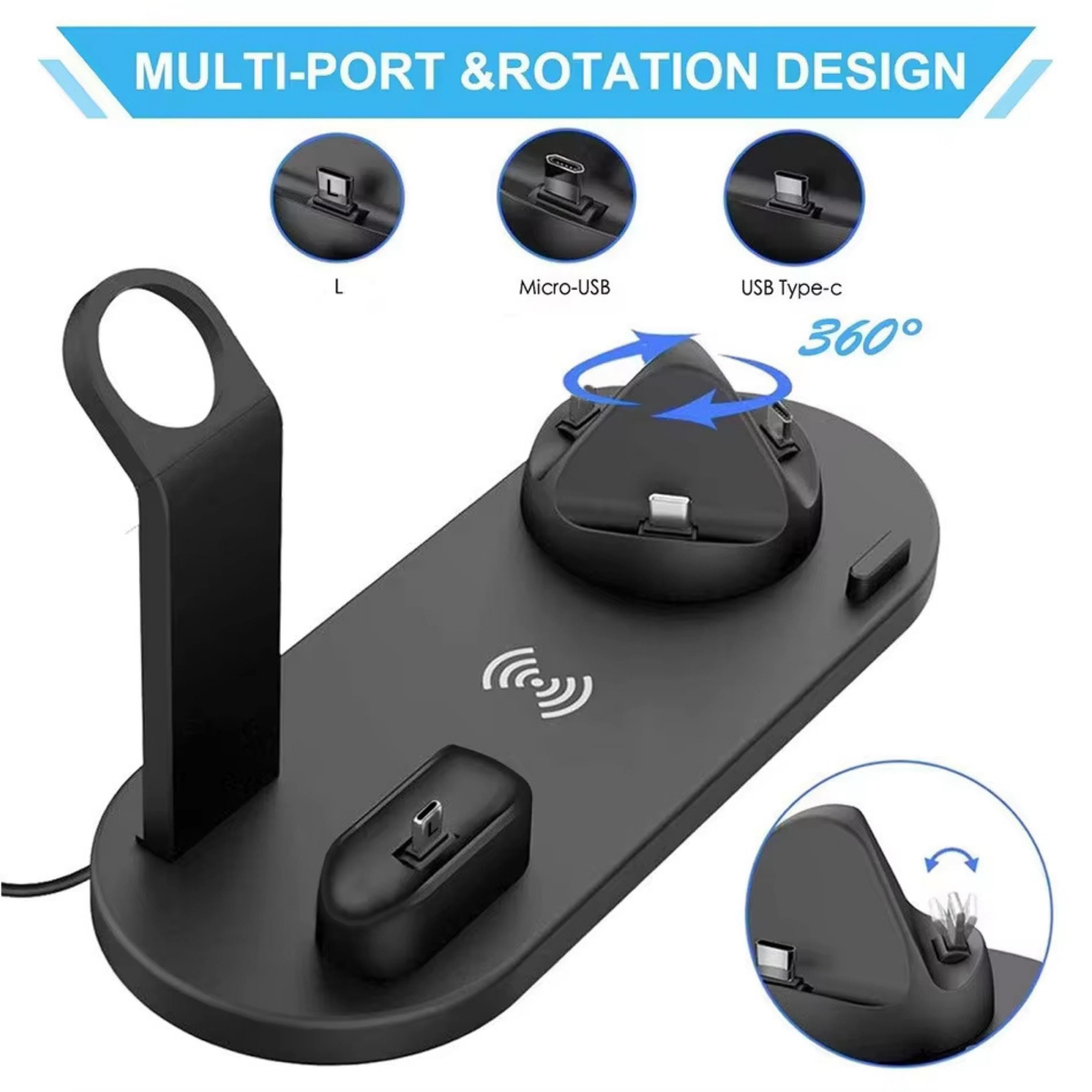Çok Fonksiyonlu Şarj Standı Telefon Saat Kulaklık Şarj İstasyonu Masaüstü 6 in 1 Type-c Micro USB Ve Lightning Giriş Desteği