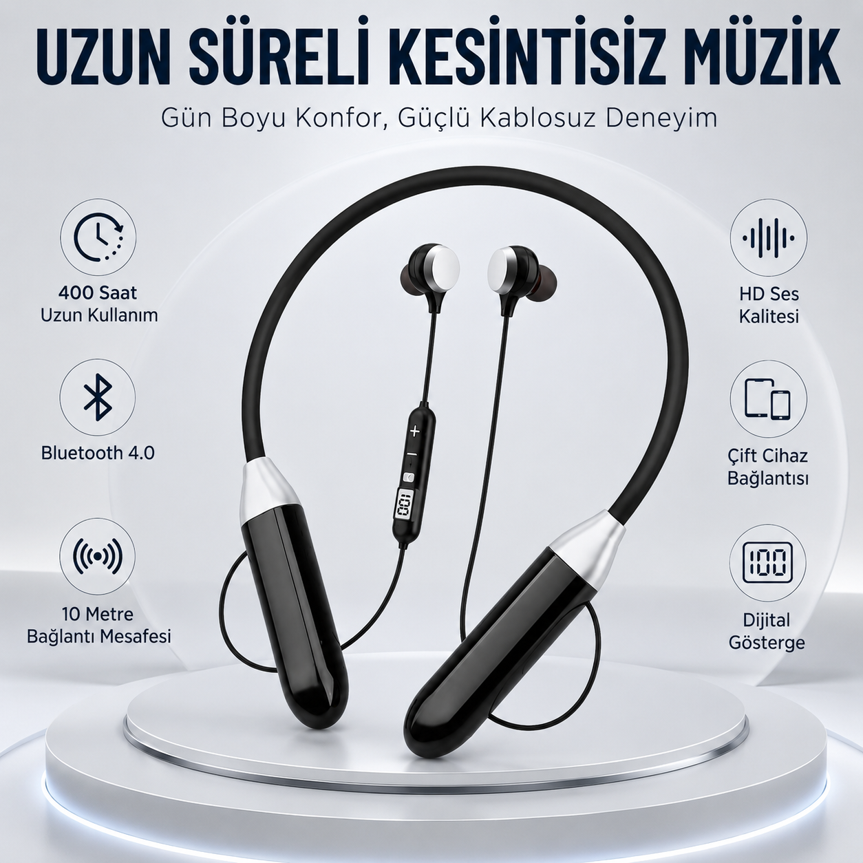 Comfort-04 Boyun Tipi Bluetooth Kulaklık 400 Saat Uzun Kullanım Dijital Göstergeli HD Ses Çift Cihaz Bağlantılı Kablosuz Kulaklık