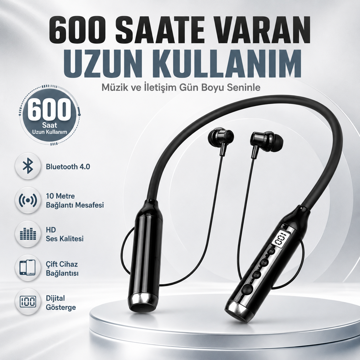 Comfort-05 Boyun Tipi Bluetooth Kulaklık 600 Saat Uzun Kullanım Dijital Göstergeli HD Ses Çift Cihaz Bağlantılı Kablosuz Kulaklık