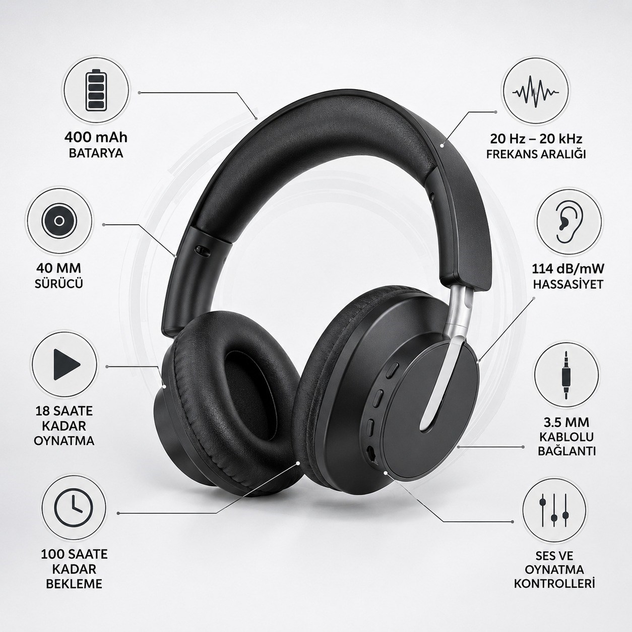 CYZ-MAX24 Kablosuz Bluetooth Kulak Üstü Kulaklık 400 Mah Şarj Edilebilir 3.5 mm Aux Kablolu Kullanım Destekli Kulaklık