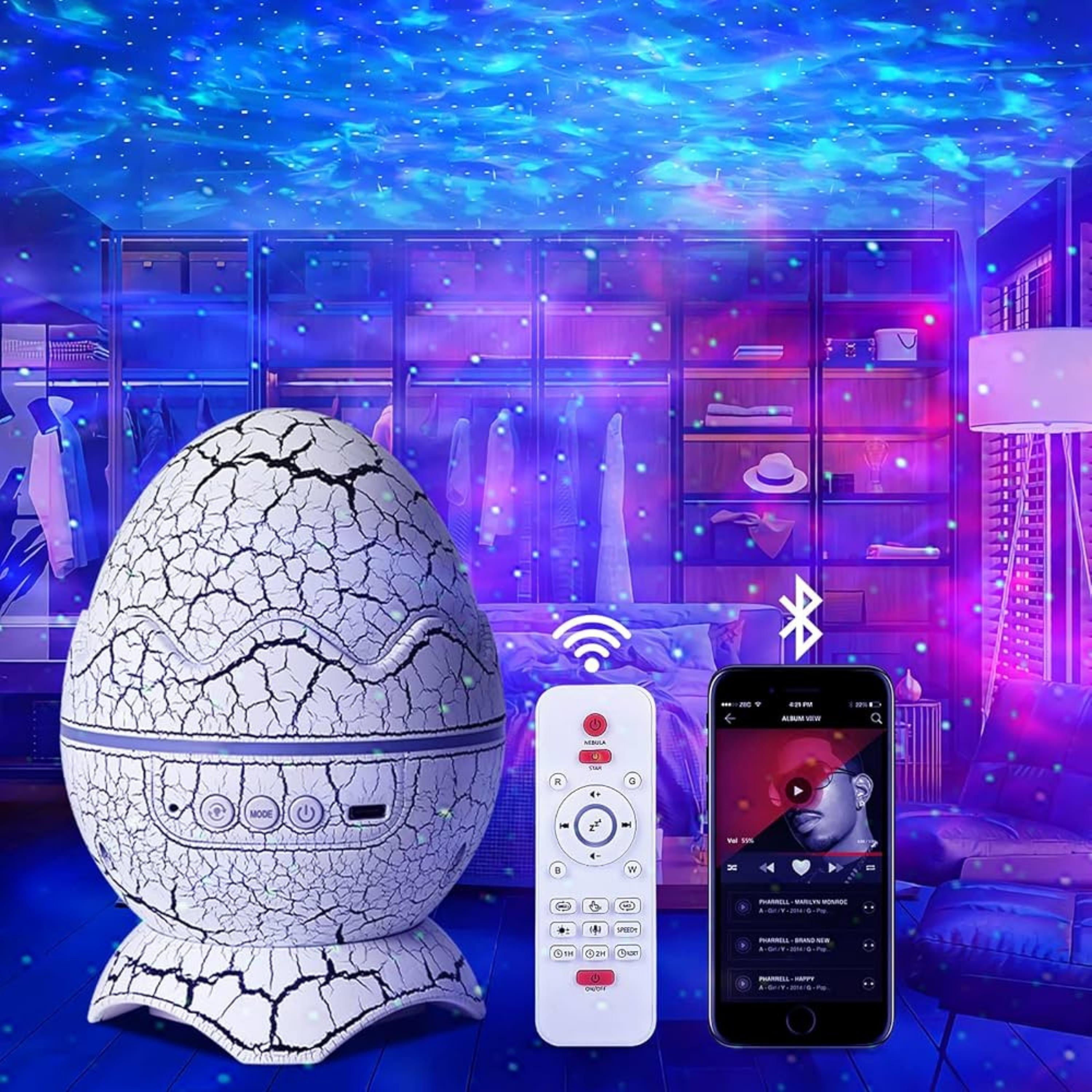 Dinozor Yumurtası Görünümlü Yıldızlı Galaksi Gökyüzü Gece Lambası Ve Kumandalı Bluetooth Hoparlör