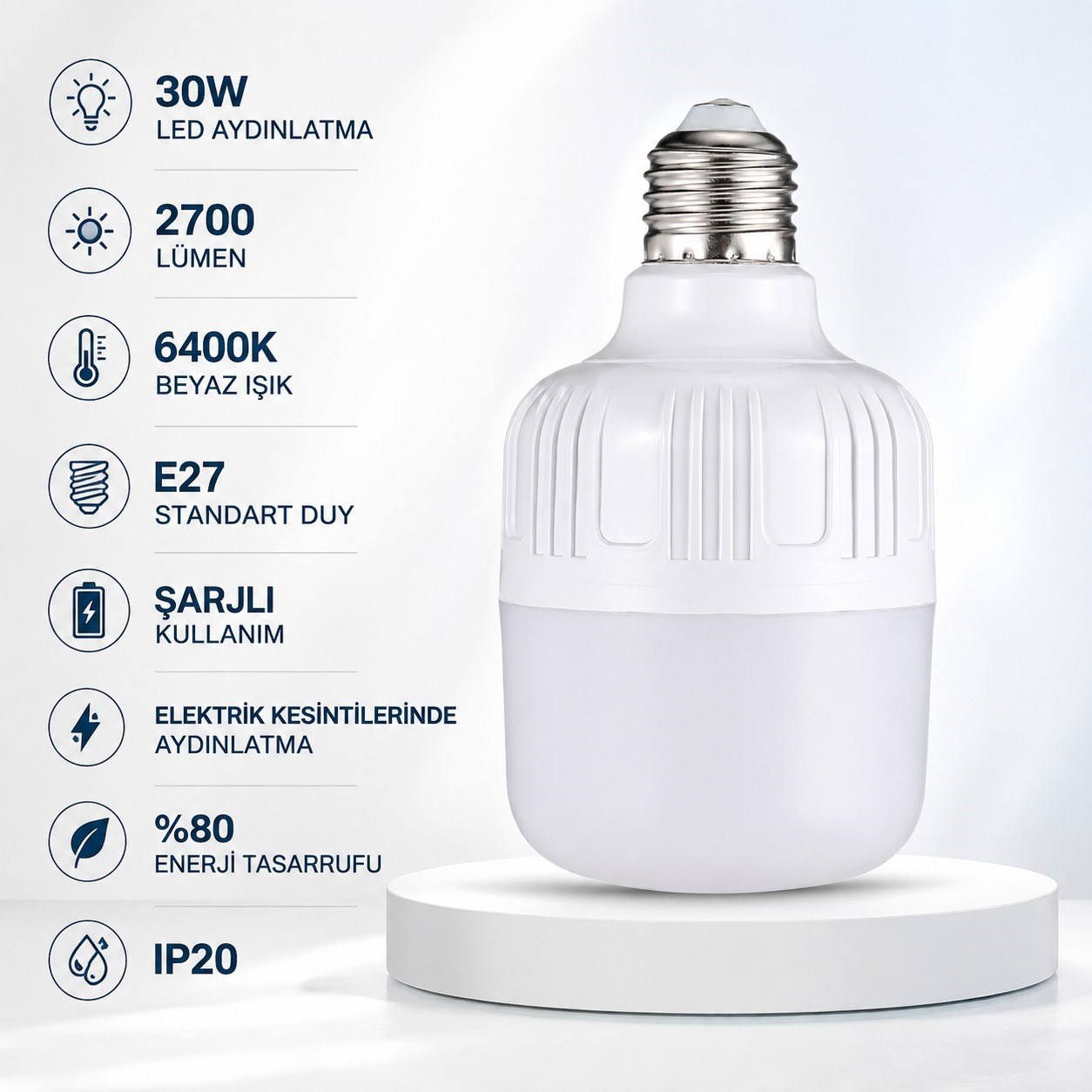 DL-030 Şarjlı LED Ampul 30W 2700 Lümen 6400K Beyaz Işık E27 Duy Elektrik Kesintisinde Yanan Acil Durum Enerji Tasarruflu Ampul