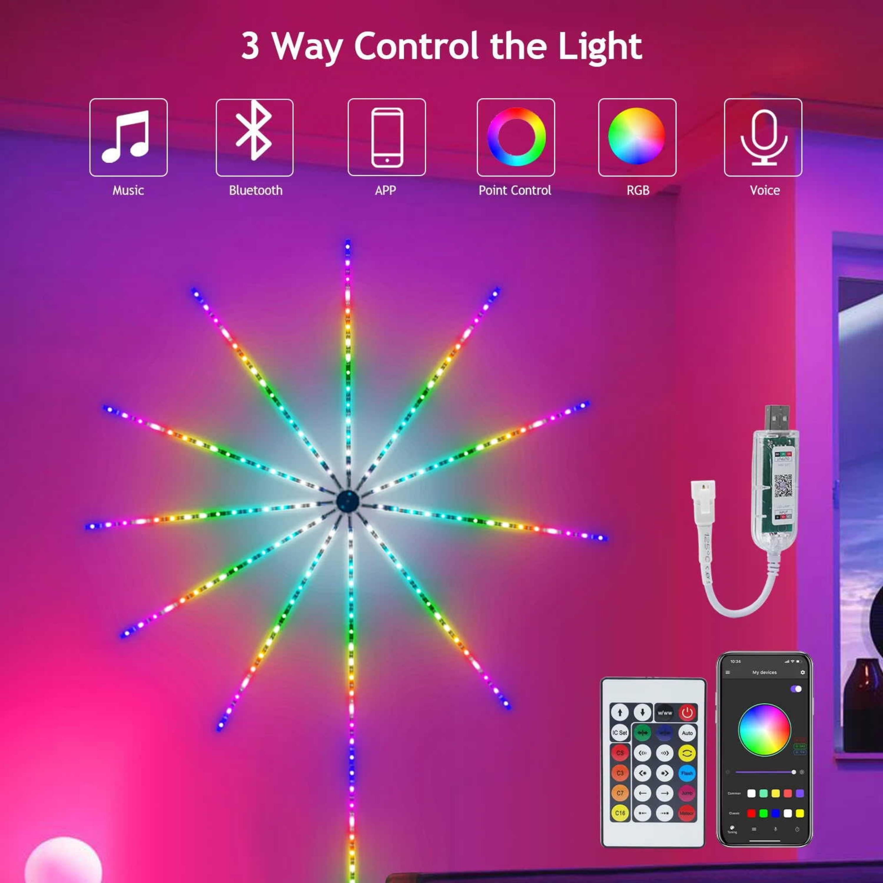 DP-626 Işık Rgb Led Fireworks Light Akıllı Ortam Aydınlatma Müzik Senkronlu Sese Duyarlı Uygulama Kontrollü Usb Işıklı Dekoratif Duvar Tavan Işığı Kumandalı