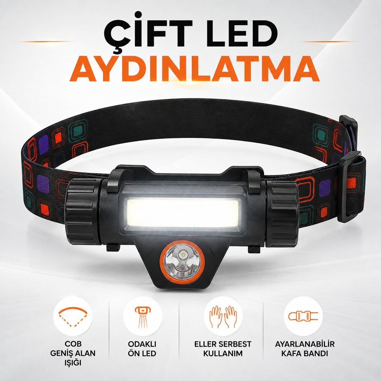 DP-696 Şarjlı Kafa Feneri COB LED ve Odaklı LED Çift Aydınlatmalı Ayarlanabilir Kafa Bantlı Güçlü Kamp Outdoor Balıkçılık Tamir Baş Feneri