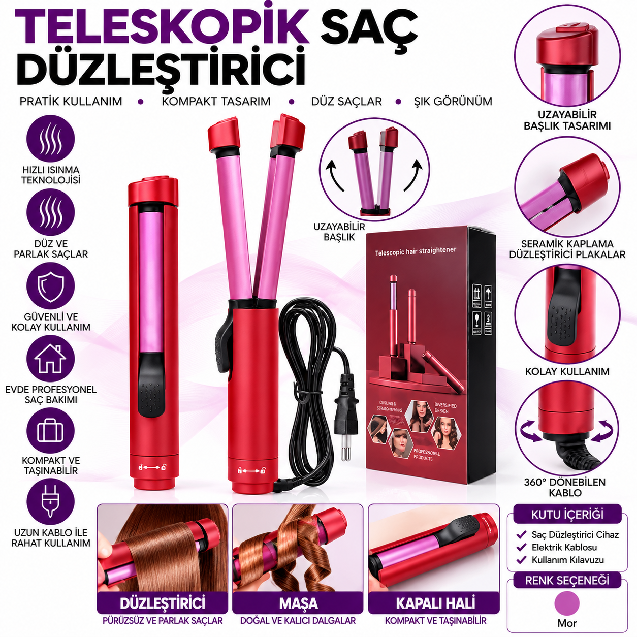 DP-801 Teleskopik Saç Düzleştirici ve Saç Maşası 2'si 1 Arada Seramik Kaplama Uzayabilir Başlıklı Elektrikli Saç Şekillendirici Düzleştirme ve Dalga Yapma Cihazı