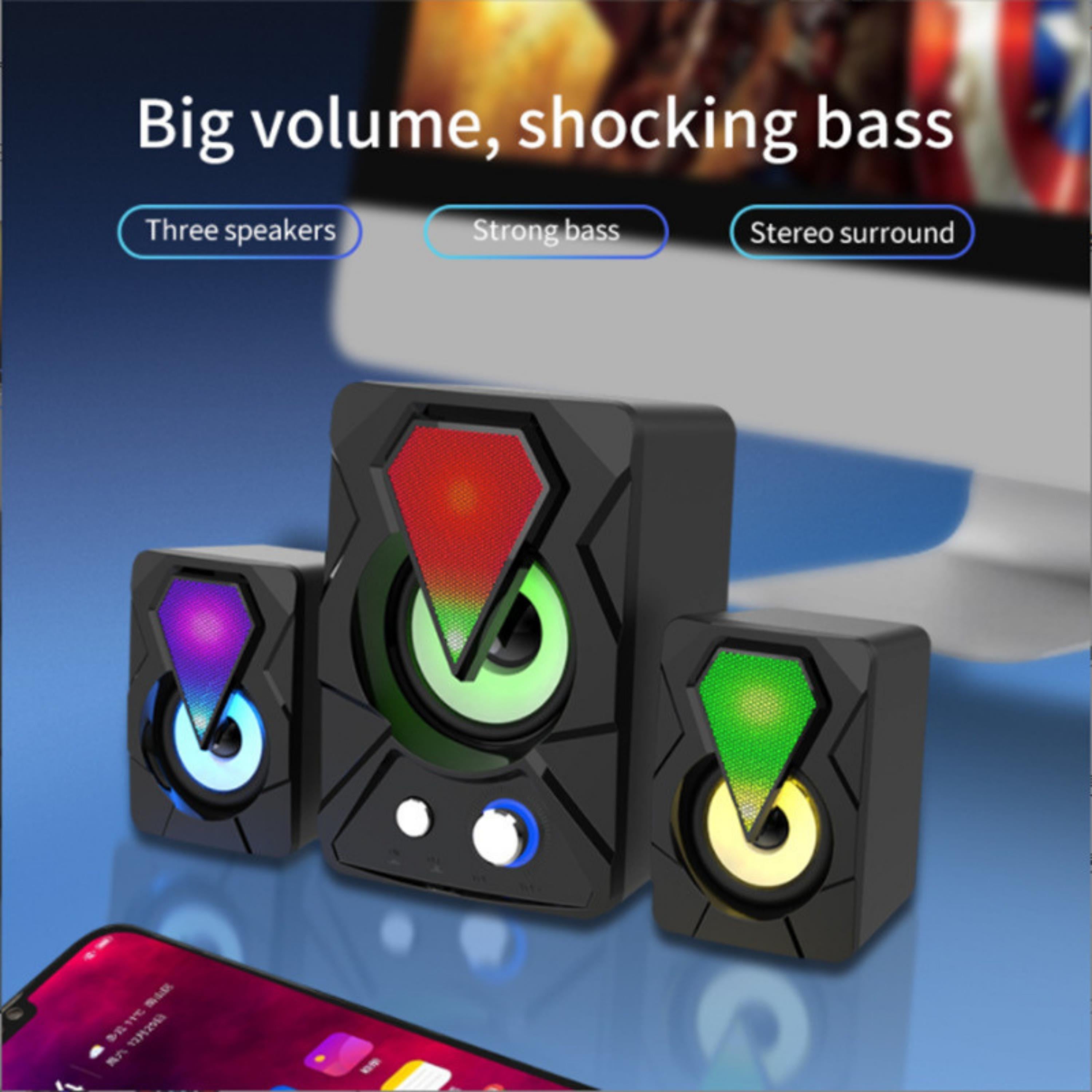 E-1306 USB 2.1 Multimedya Subwoofer Hoparlör Seti RGB Işıklı 3'lü Speaker Sistemi Bilgisayar ve Laptop Uyumlu Telefon Destekli Masaüstü Ses Sistemi Bilgisayar Hoparlörü