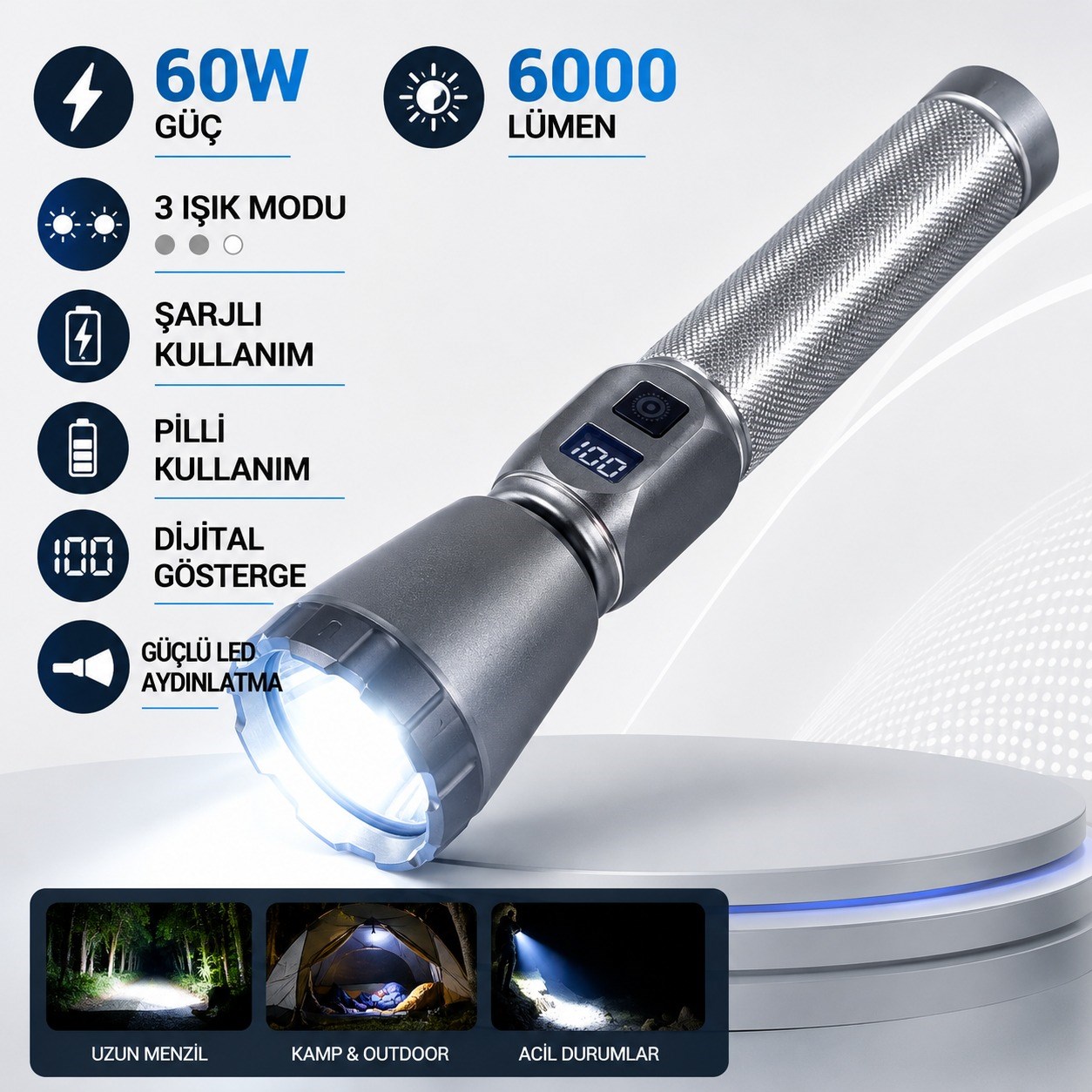 Everton RT-260 60W 6000 Lümen Şarjlı LED El Feneri 3 Işık Modlu Dijital Göstergeli Güçlü Uzun Menzilli Kamp Outdoor Acil Durum Feneri