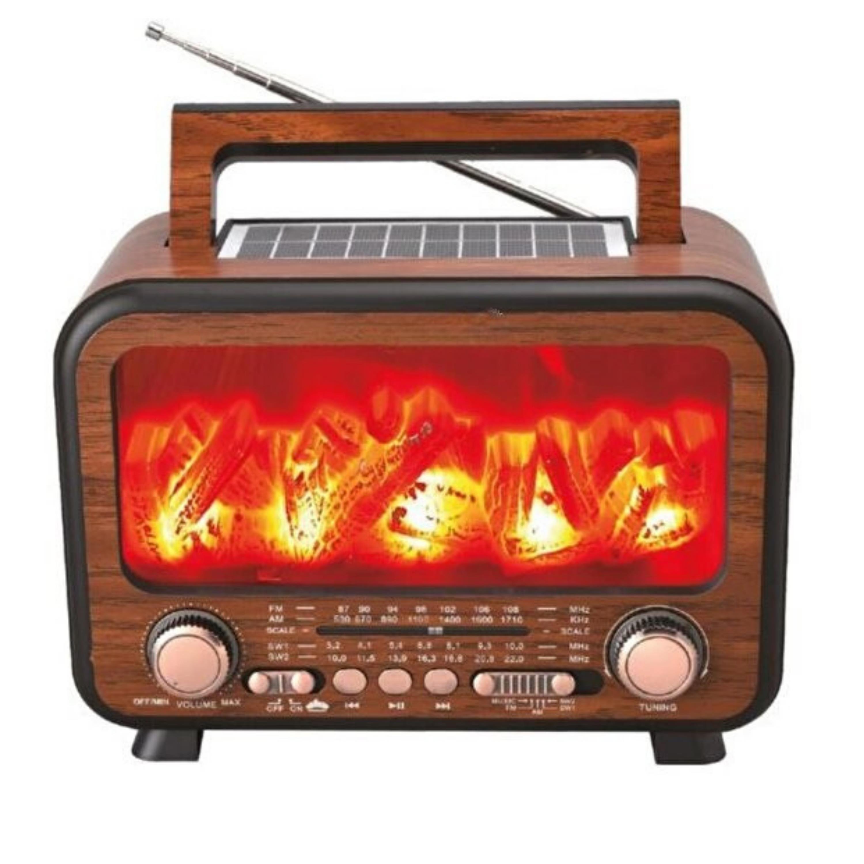 FP-2393-S Şömineli Güneş Enerji Panelli Nostaljik Radyo Taşınabilir Hoparlör Kablosuz Retro Speaker