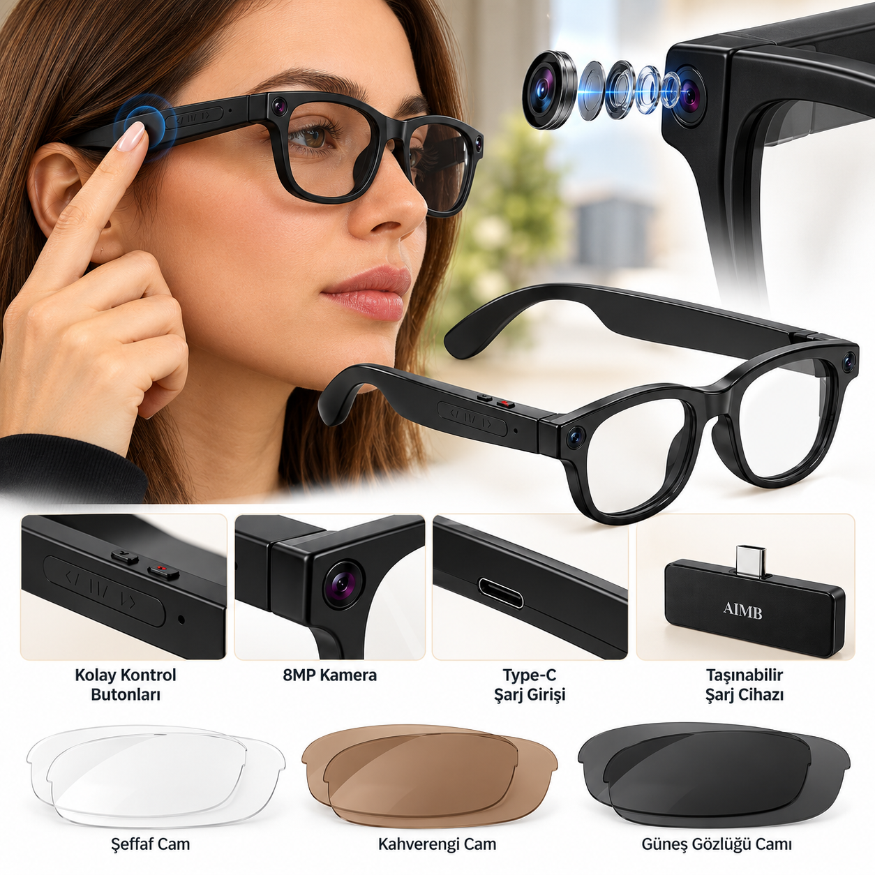 G1 Max Akıllı Kamera Gözlük 8MP Kamera WiFi Bluetooth Yapay Zeka Destekli Çoklu Dil Çeviri Fotoğraf Video Çekim Sesli Asistan Değiştirilebilir Cam