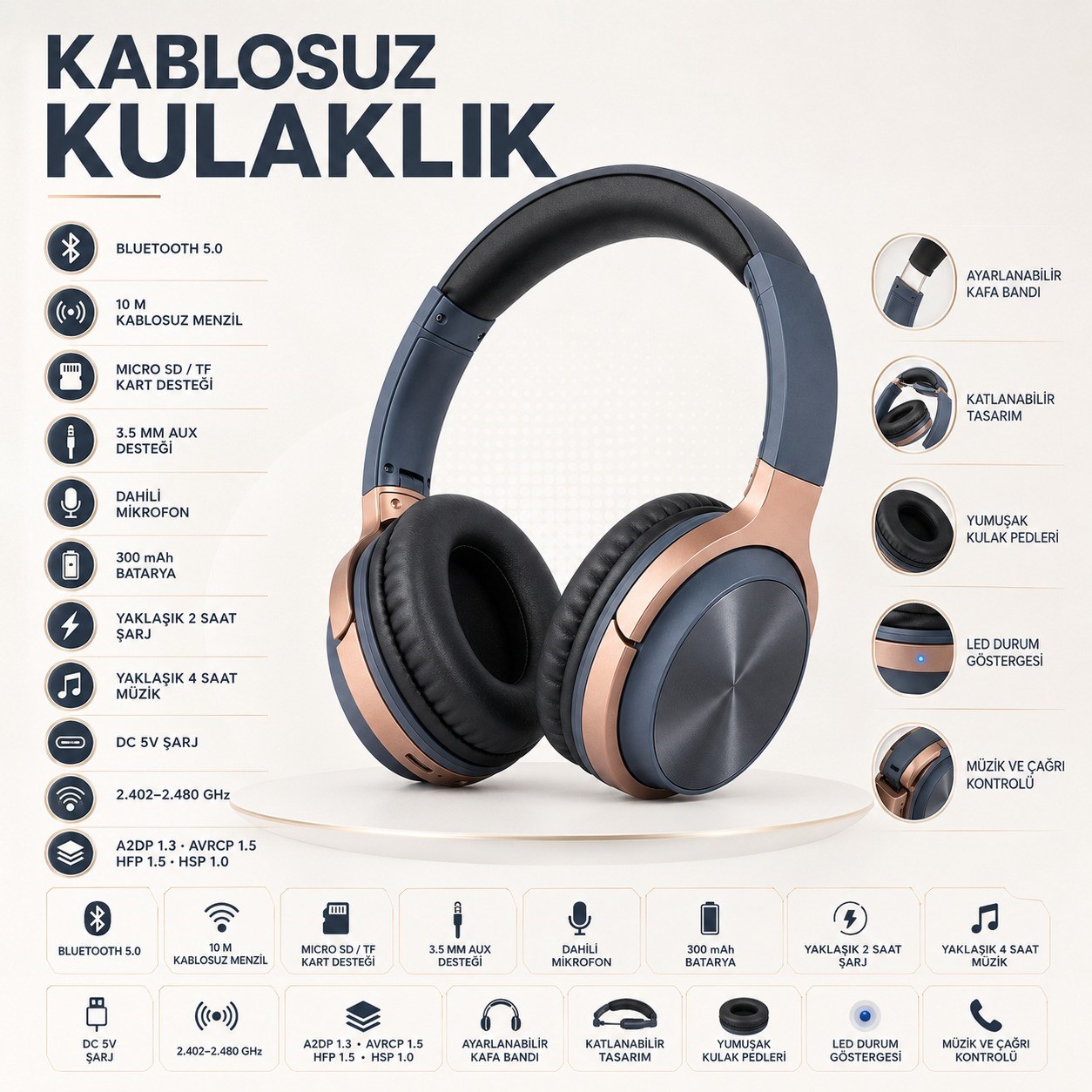 Gri BT830 Kablosuz Bluetooth 5.0 Kulak Üstü Kulaklık TF Kart Destekli Aux Girişli Şarj Edilebilir Kulaklık