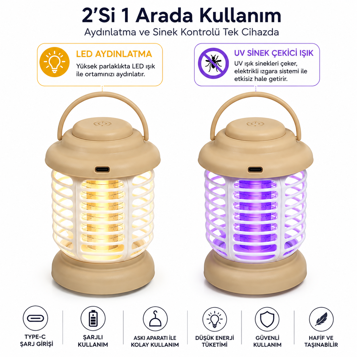 HS376 Şarjlı LED Kamp Lambası Elektrikli Sinek Öldürücü UV Işıklı USB Type C Taşınabilir Askılı Kamp Feneri W3