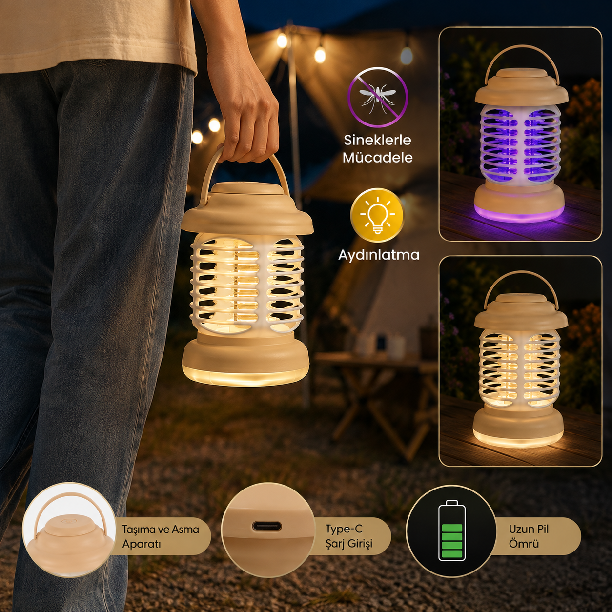 HS376 Şarjlı LED Kamp Lambası Elektrikli Sinek Öldürücü UV Işıklı USB Type C Taşınabilir Askılı Kamp Feneri W3