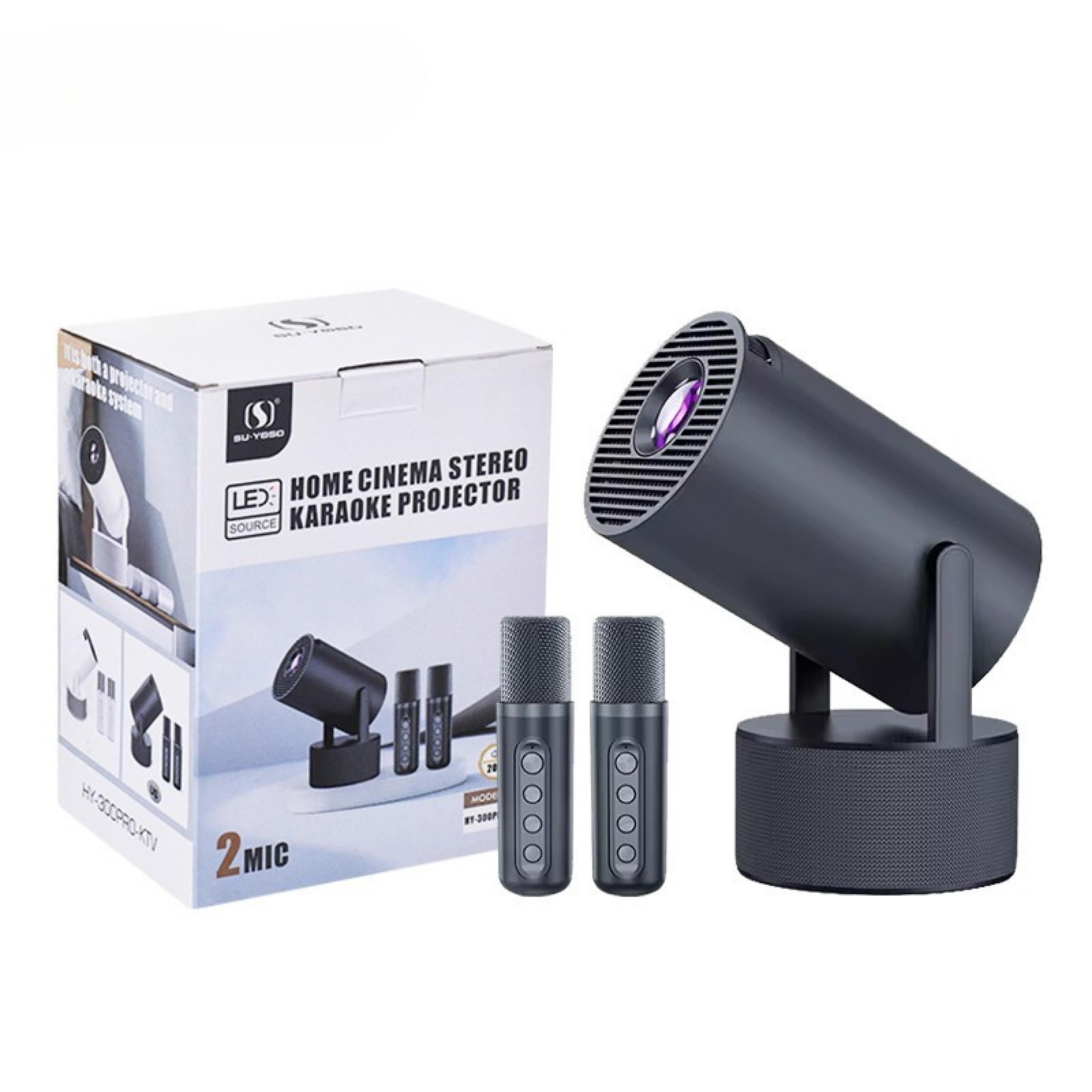 Hy-300pro-ktv Karaoke Projeksiyon Çift Kablosuz Mikrofonlu Bluetooth Hoparlörlü Taşınabilir Ev Sinema Led Projektör 20w Ses Çıkışı 
