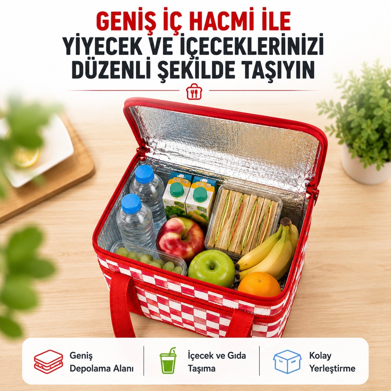 Isı Yalıtımlı Termal Piknik Çantası Geniş İç Hacimli Sıcak Soğuk Koruyucu Fermuarlı Yiyecek İçecek Taşıma Çantası