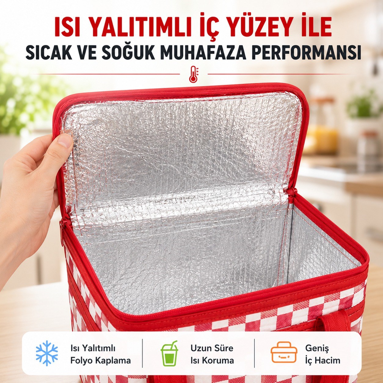 Isı Yalıtımlı Termal Piknik Çantası Geniş İç Hacimli Sıcak Soğuk Koruyucu Fermuarlı Yiyecek İçecek Taşıma Çantası