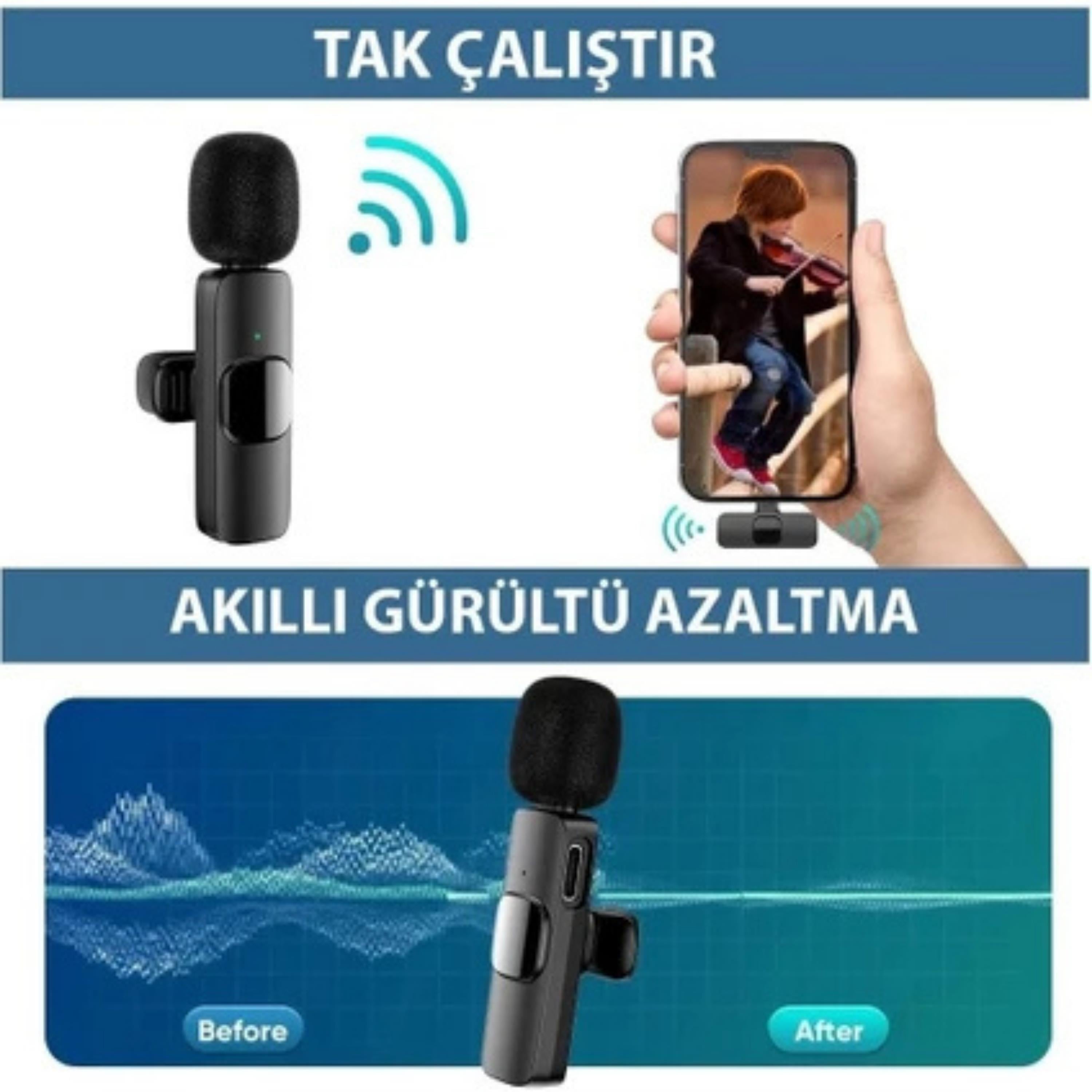 K11 2' Li Kablosuz Yaka Mikrofonu Typ-C Mini Taşınabilir Ses Video Kayıt Mikrofon