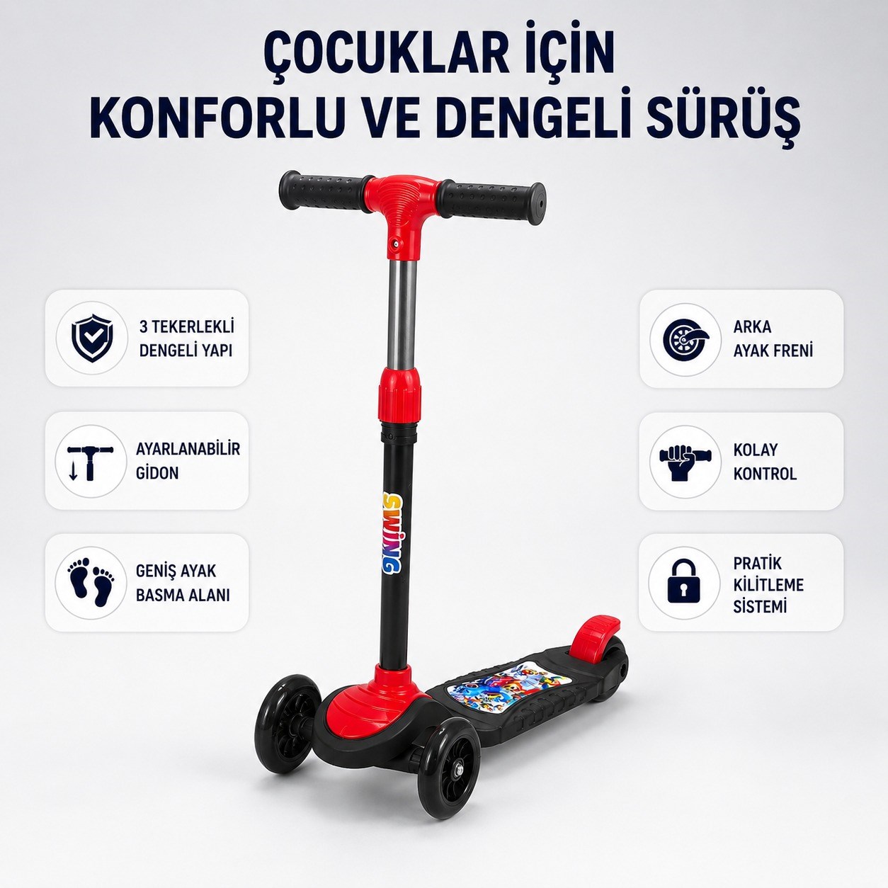 Kırmızı CNS Scooter Çocuklar İçin 3 Tekerlekli Denge Scooter 3 Kademe Ayarlanabilir Direksiyon Işıklı Tekerlekli Geniş Ayak Basma Alanı Arka Ayak Frenli Çocuk Scooterı
