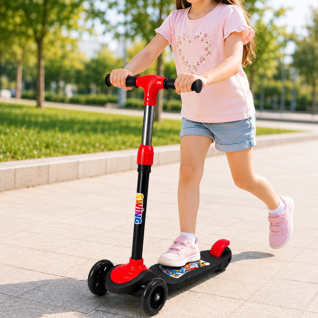 Kırmızı CNS Scooter Çocuklar İçin 3 Tekerlekli Denge Scooter 3 Kademe Ayarlanabilir Direksiyon Işıklı Tekerlekli Geniş Ayak Basma Alanı Arka Ayak Frenli Çocuk Scooterı