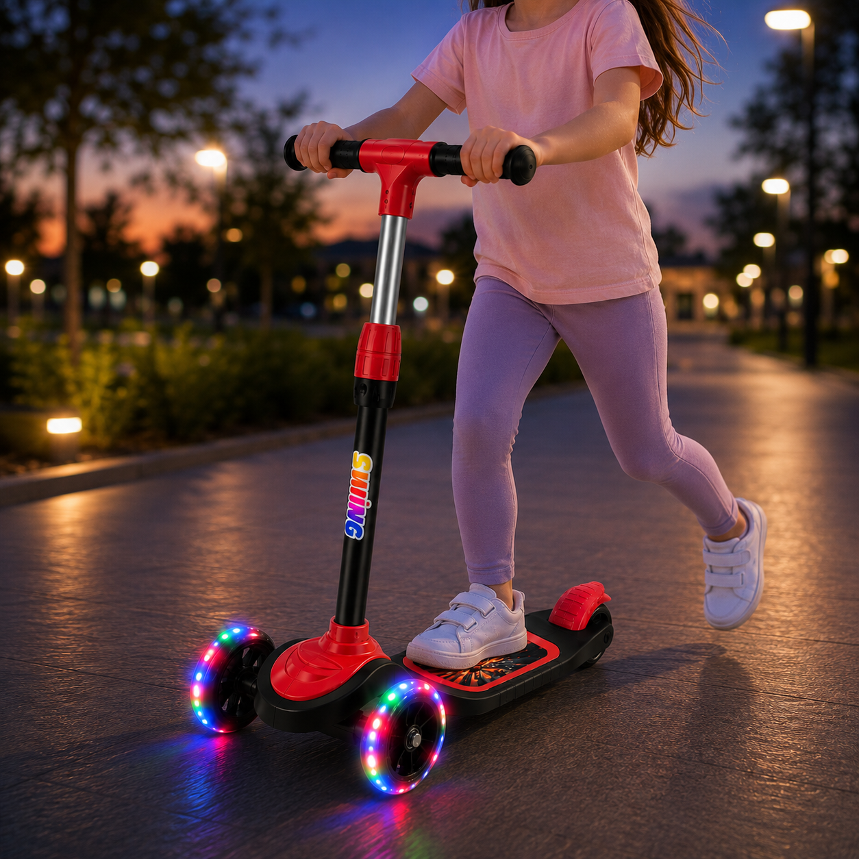 Kırmızı CNS Scooter Çocuklar İçin 3 Tekerlekli Denge Scooter 3 Kademe Ayarlanabilir Direksiyon Işıklı Tekerlekli Geniş Ayak Basma Alanı Arka Ayak Frenli Çocuk Scooterı