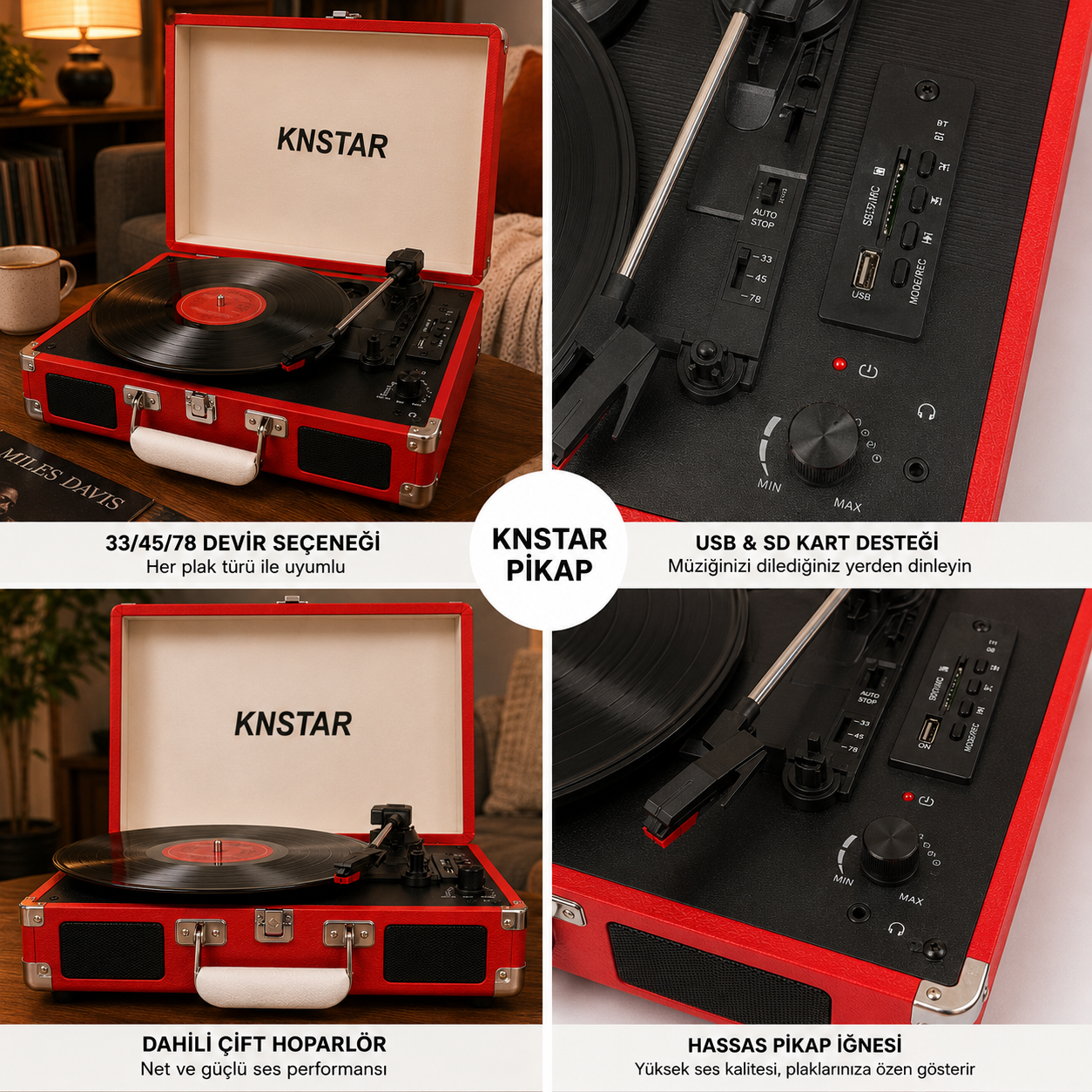 Kırmızı Retro Valiz Tipi Pikap 33 45 78 Devir Bluetooth USB SD Kart Destekli Dahili Hoparlörlü Taşınabilir Plak Çalar