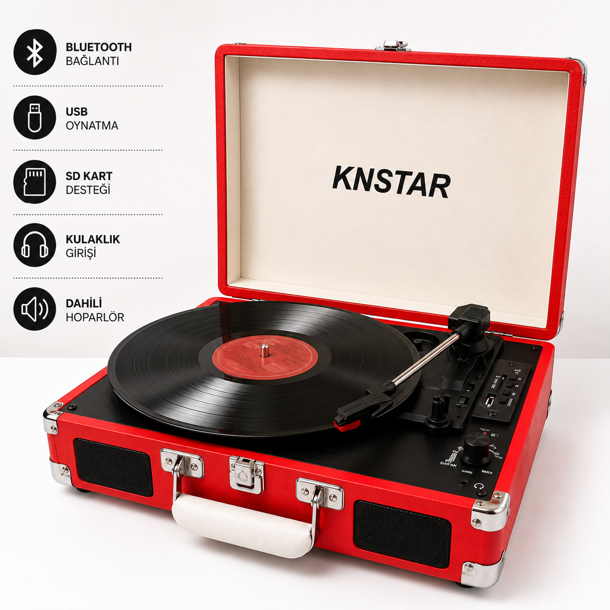 Kırmızı Retro Valiz Tipi Pikap 33 45 78 Devir Bluetooth USB SD Kart Destekli Dahili Hoparlörlü Taşınabilir Plak Çalar