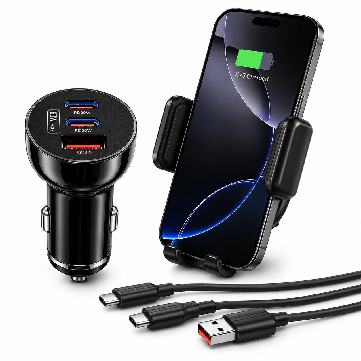 LNC01 60W PD 30W Araç İçi Şarj Cihazı 2 Type C 1 USB QC3.0 Hızlı Şarj Adaptörü 12V 24V Araç Çakmaklık Şarj Aleti