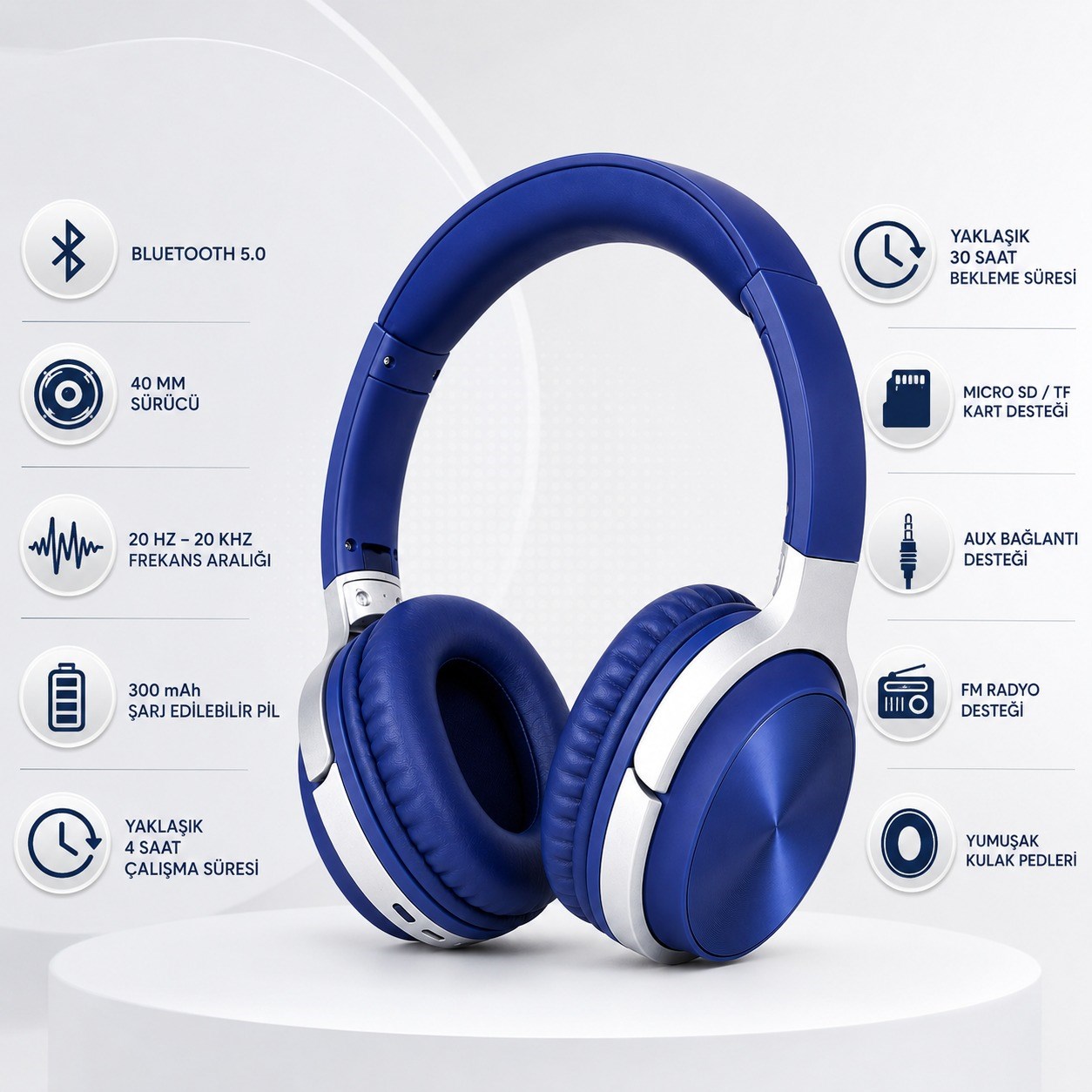Mavi BT830 Kablosuz Bluetooth 5.0 Kulak Üstü Kulaklık TF Kart Destekli Aux Girişli Şarj Edilebilir Kulaklık