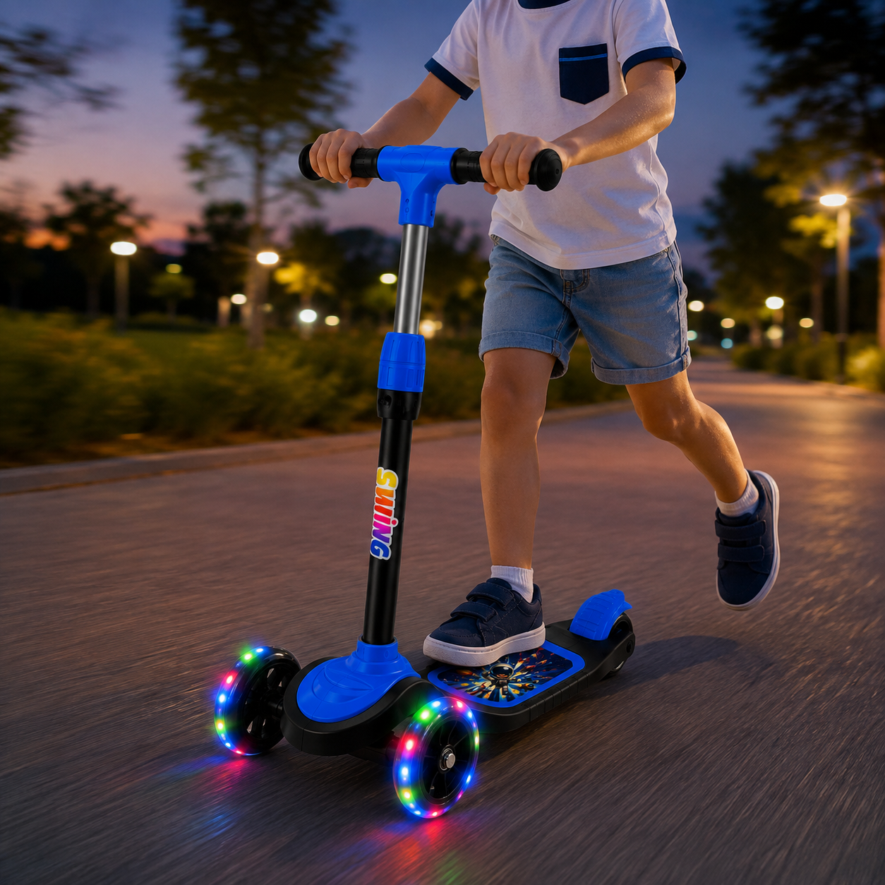 Mavi CNS Scooter Çocuklar İçin 3 Tekerlekli Denge Scooter 3 Kademe Ayarlanabilir Direksiyon Işıklı Tekerlekli Geniş Ayak Basma Alanı Arka Ayak Frenli Çocuk Scooterı