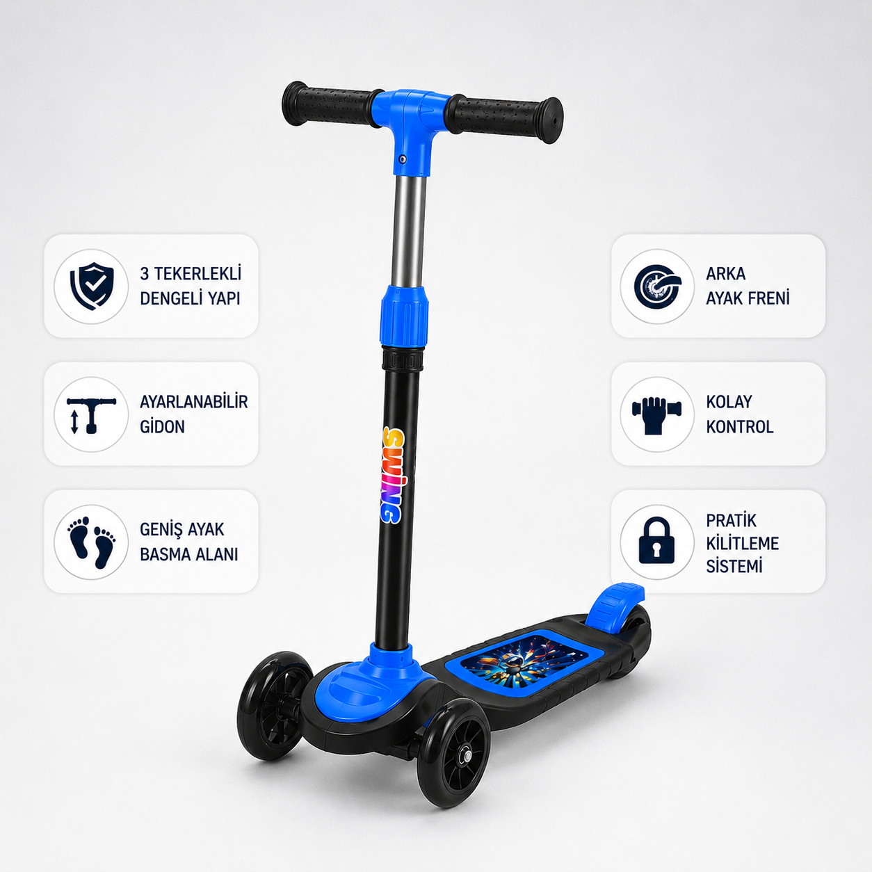 Mavi CNS Scooter Çocuklar İçin 3 Tekerlekli Denge Scooter 3 Kademe Ayarlanabilir Direksiyon Işıklı Tekerlekli Geniş Ayak Basma Alanı Arka Ayak Frenli Çocuk Scooterı