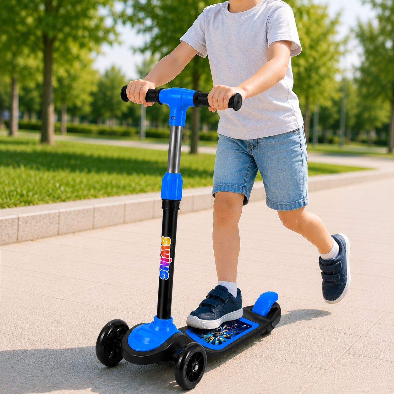 Mavi CNS Scooter Çocuklar İçin 3 Tekerlekli Denge Scooter 3 Kademe Ayarlanabilir Direksiyon Işıklı Tekerlekli Geniş Ayak Basma Alanı Arka Ayak Frenli Çocuk Scooterı
