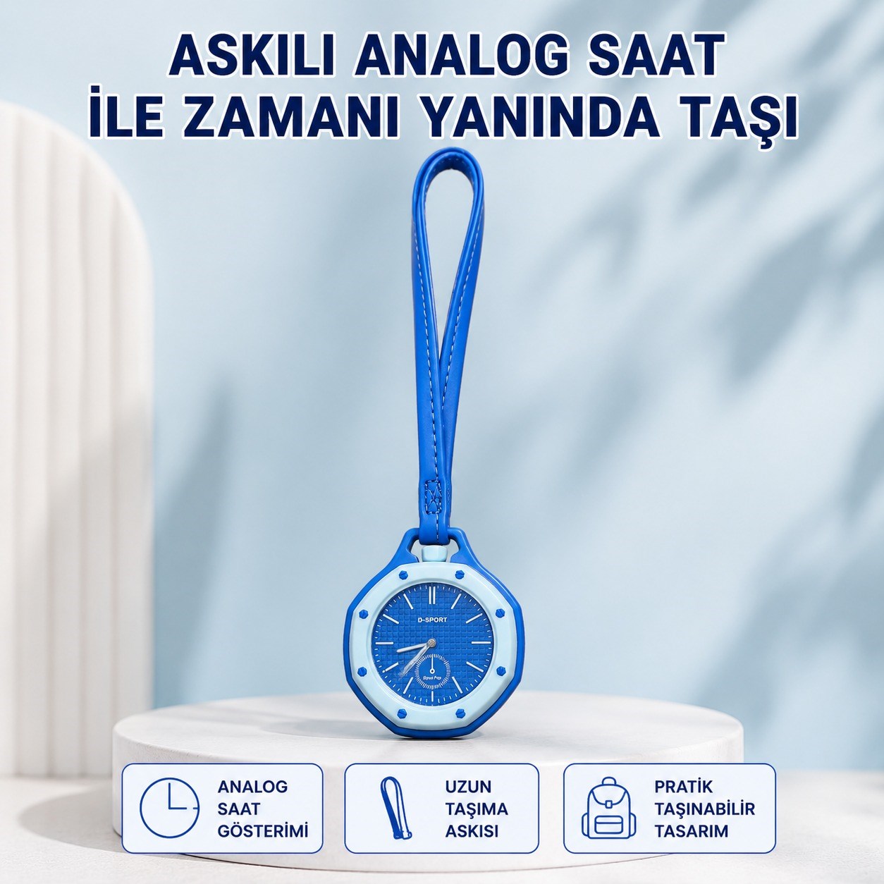 Mavi D-SPORT Askılı Analog Cep Saati Renkli Tasarım Uzun Kayışlı Taşınabilir Çanta Charm Askılı Kemer Anahtarlık Aksesuar Saati