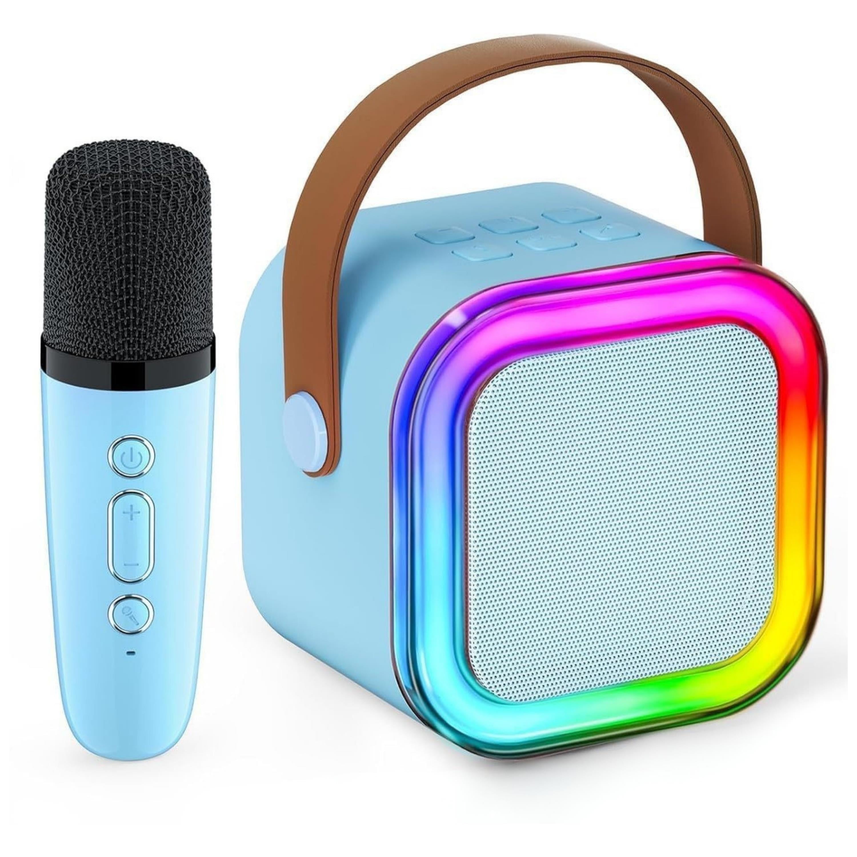 Mavi K12 Renkli Işıklı Karaoke Hoparlör Tek Mikrofonlu Taşınabilir Bluetooth Müzik Kutusu Led Efektli Kablosuz Şarjlı Speaker 